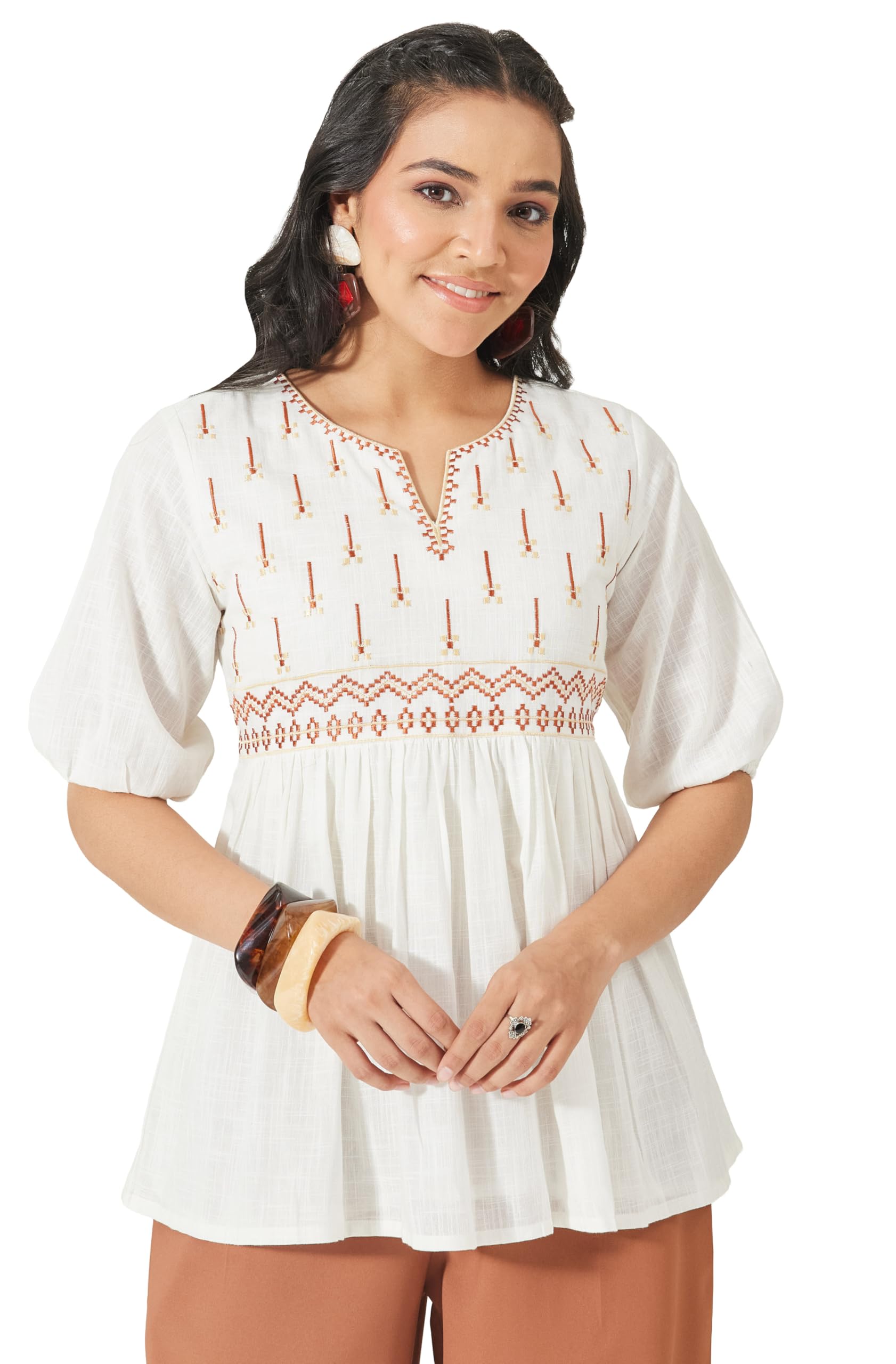 janasya Women's Off White Cotton Embroidered Peplum Top-picture-11