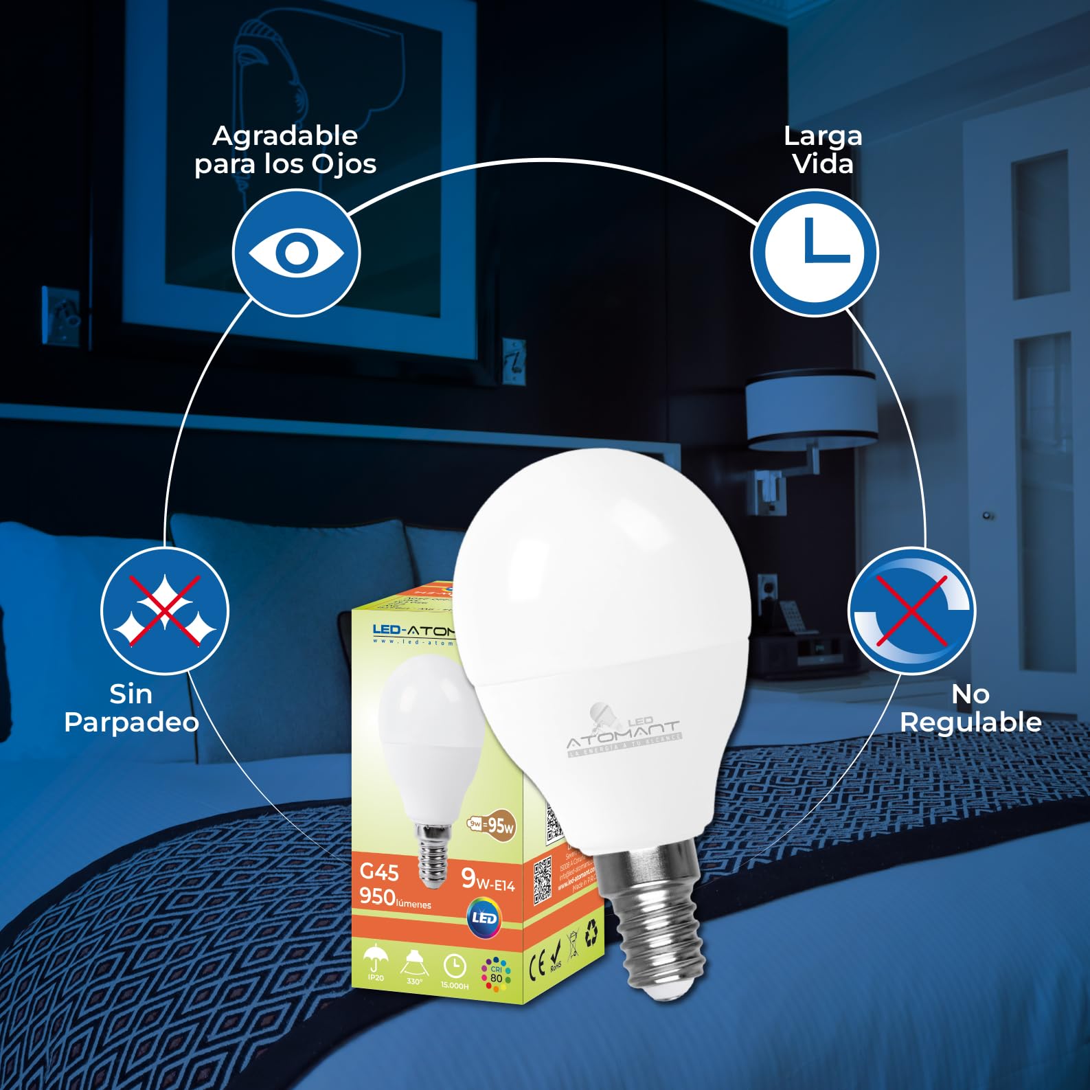 LED ATOMANT Pack 10x Bombilla LED E14 G45 9W, Color Blanco Frio (6500K), 950 Lumenes, Casquillo fino, Equivalente a 95W tradicional