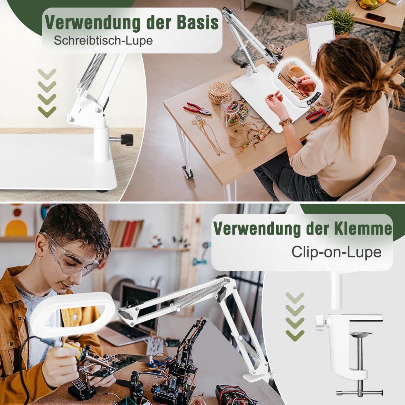 Veemagni Lupa rectangular 10X con luz y soporte, 5 modos de color regulable sin niveles, lámpara de escritorio 2 en 1 con iluminación LED y abrazadera, manos libres, lupa de lectura para leer