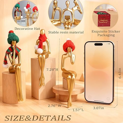 Miniatura 2 de Juego de 3 estatuas de pensador dorado para decoración del hogar, estantería escultórica y decoración de escritorio con mini sombreros de Papá Noel,