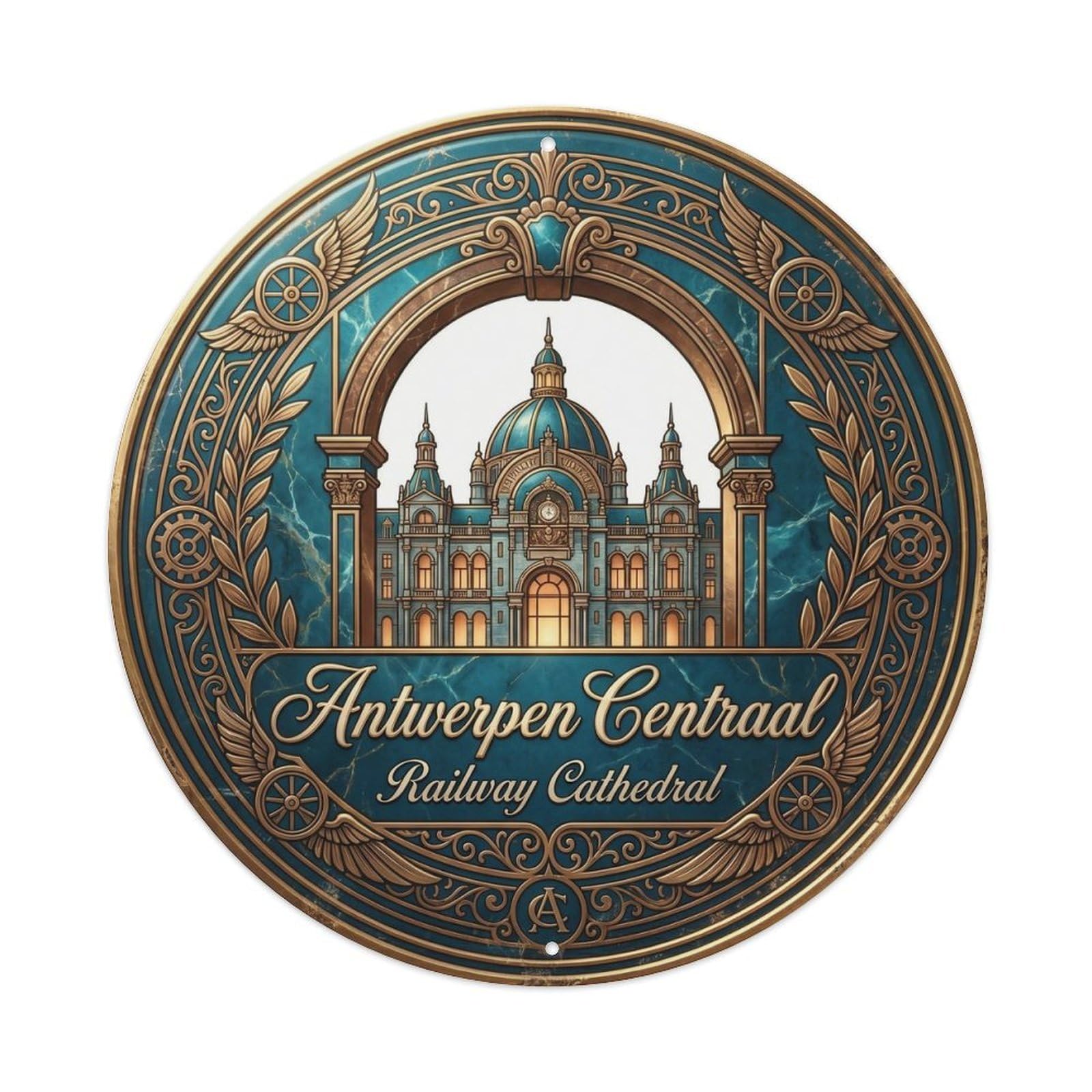 Cmhok Vintage Style-12 Vintage Travel Station Belgium Artwork Metal Tin Sign Plaque Wall Decor For Cafe, Club, Garden Round Metal Poster 8X8inch