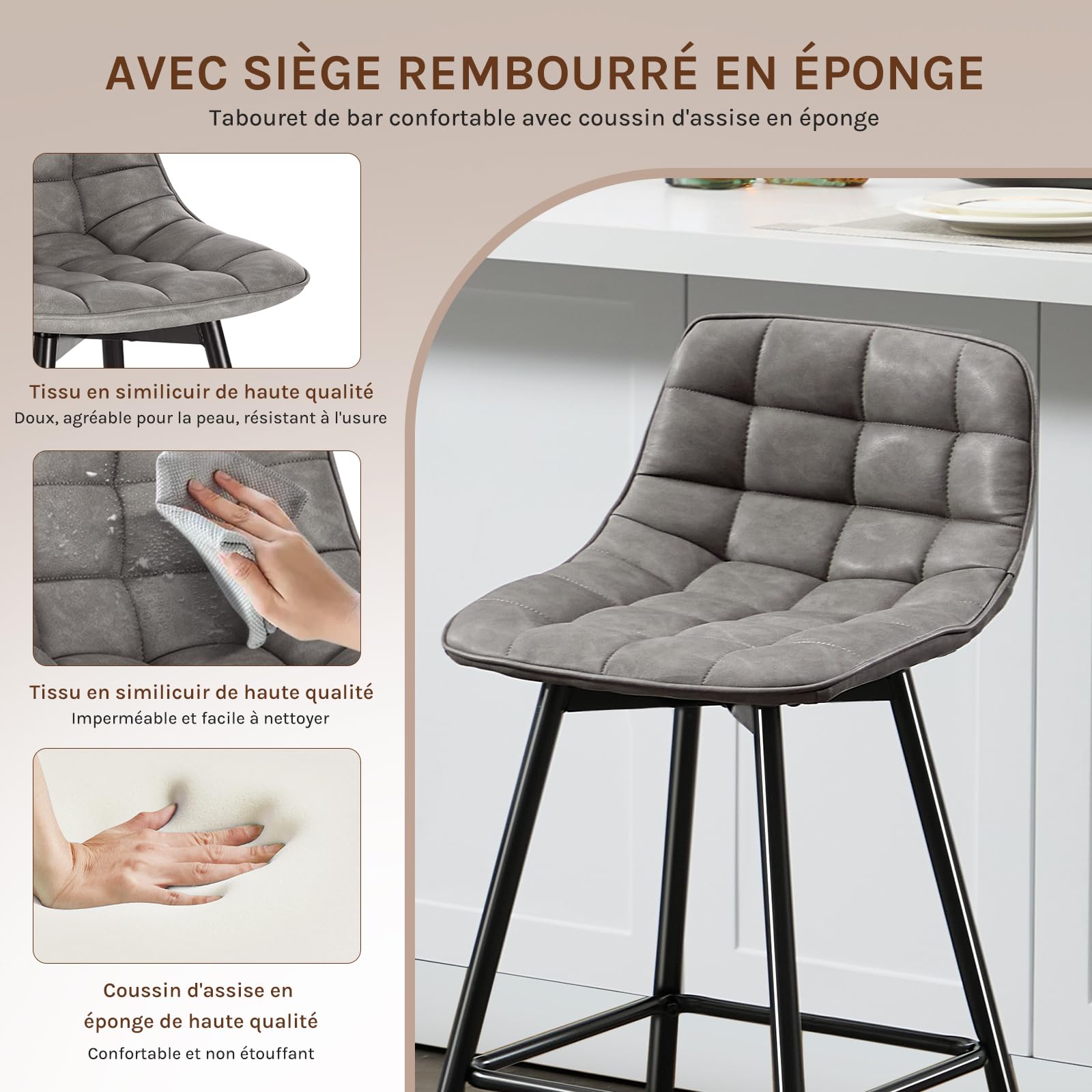 WOLTU Lot de 2 Tabouret de Bar Design Chaise Haute pour Bar Bistro siège en Similicuir avec Repose-Pieds Cadre en métal,Gris Foncé