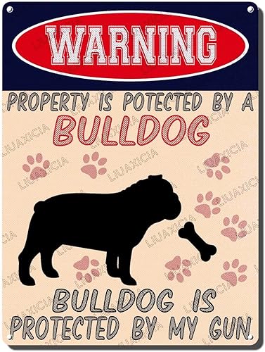 Miniatura 8 de Letrero de hojalata retro con texto en inglés "Warning Property Is Potected By A American Bulldog Is Protected By My Gun", decoración de pared para