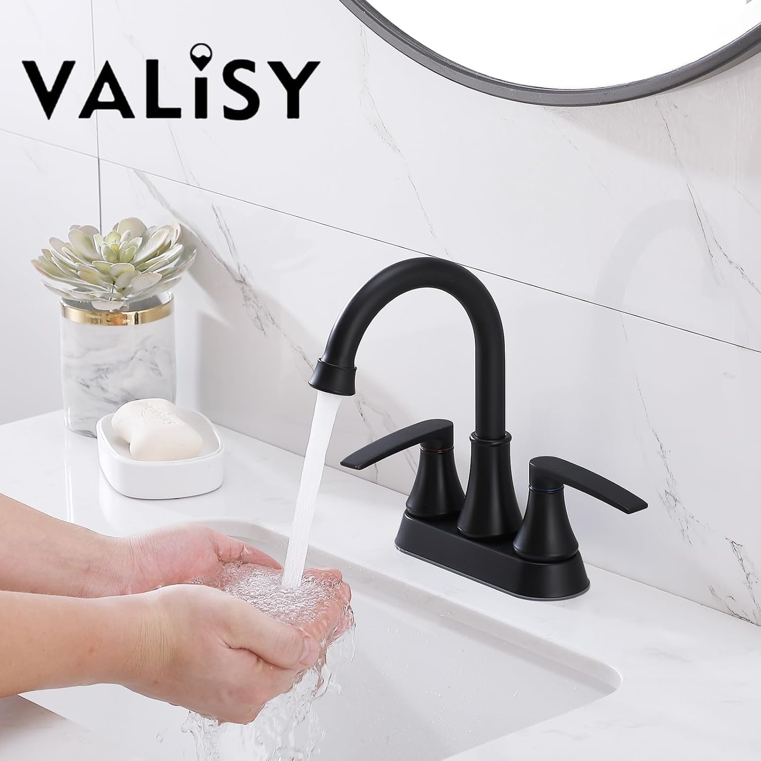 Lead-Free Matte Black Bathroom Sink Faucet, 2 Handle 4 Inch Centerset Faucet, Modern 360° Swivel High-Arc Spout Bath Lavatory Vanity Faucets for Sinks with Drain & Water Hoses, VALZST049B