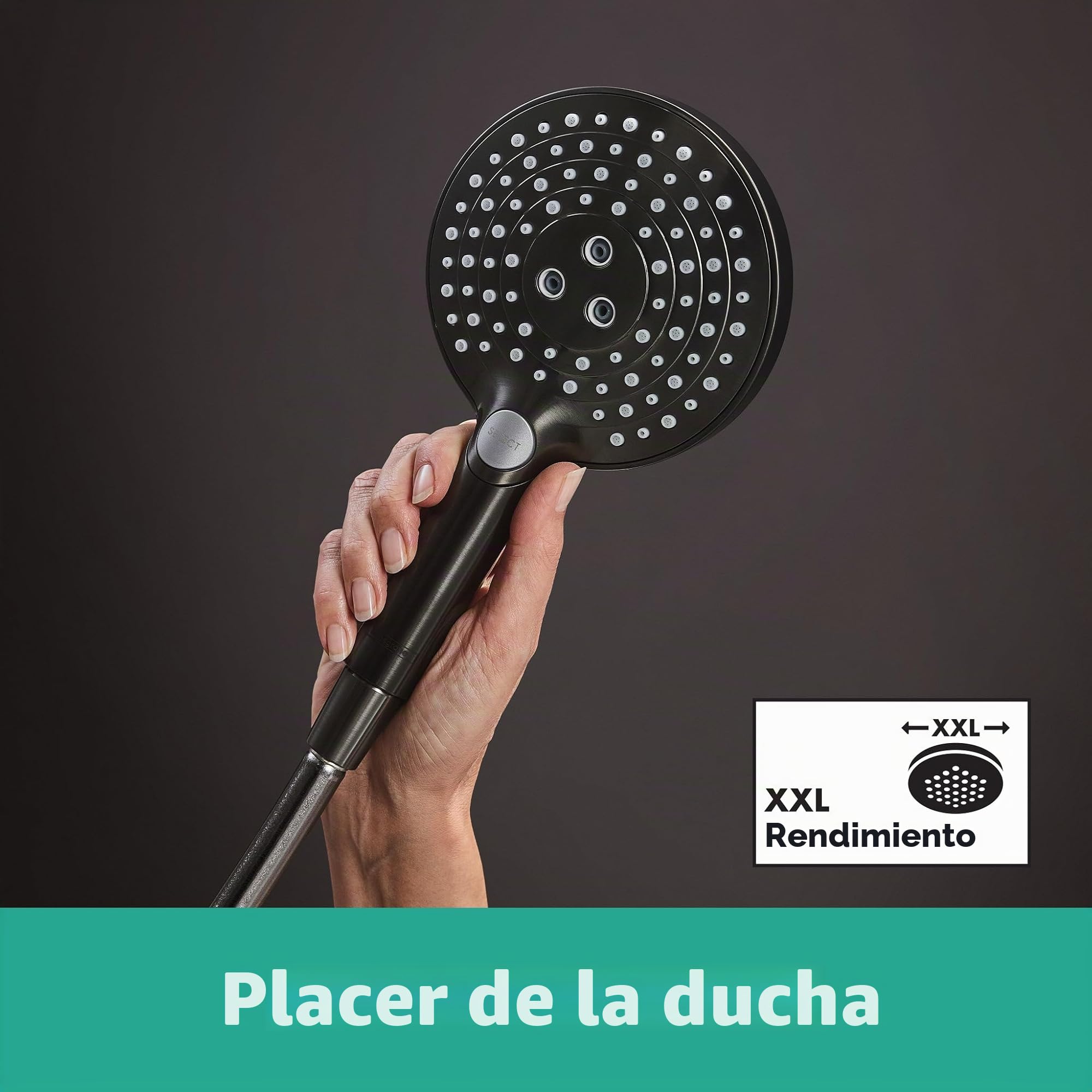 hansgrohe Raindance Select S - Alcachofa de ducha de mano con 3 tipos de chorro (incluye PowderRain), ducha redonda (120 mm), cabezal de ducha con función antical, cromo negro cepillado