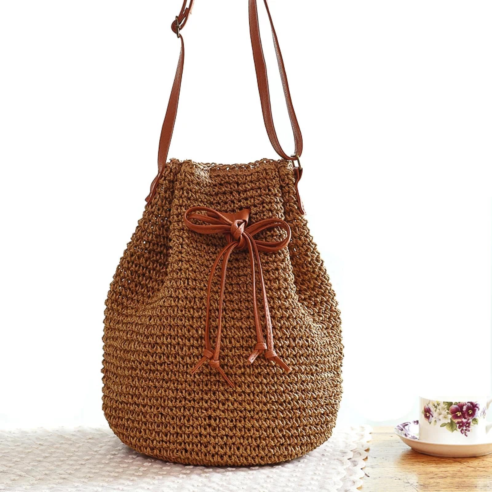 Bolsa De Paja Bolsos De Hombro De Ratán para Mujer Tejido De Mimbre De Gran Capacidad Bolso Bandolera con Borla Bolso De Viaje Bolsos Grandes De Playa
