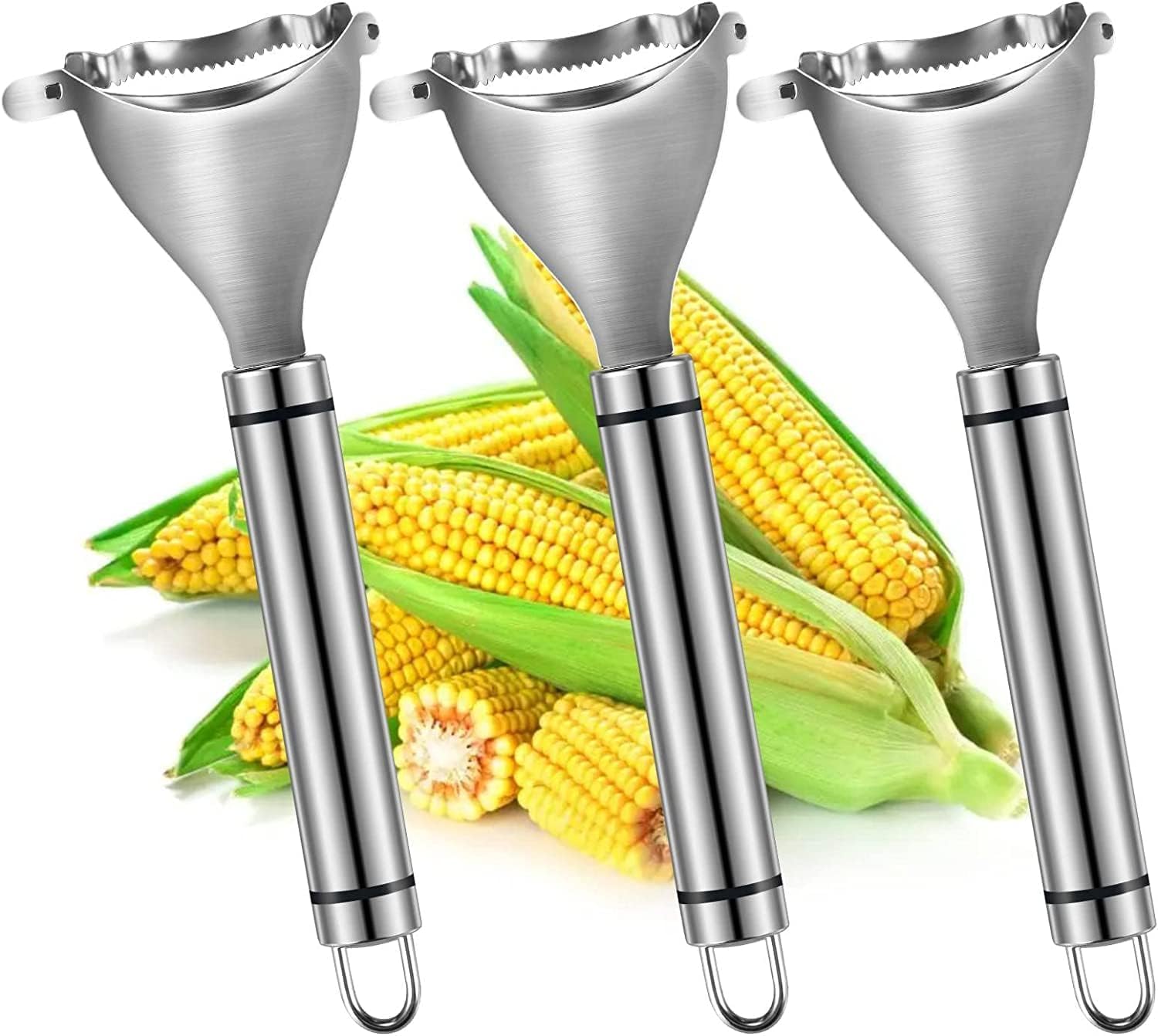 3Pcs Silver Magic Corn Cutter Peeler, corn peeler, Stainless Steel Corn Thresher, Corn Stripper Cob Stripper Tool, Corn Peeler with Ergonomic Handle,