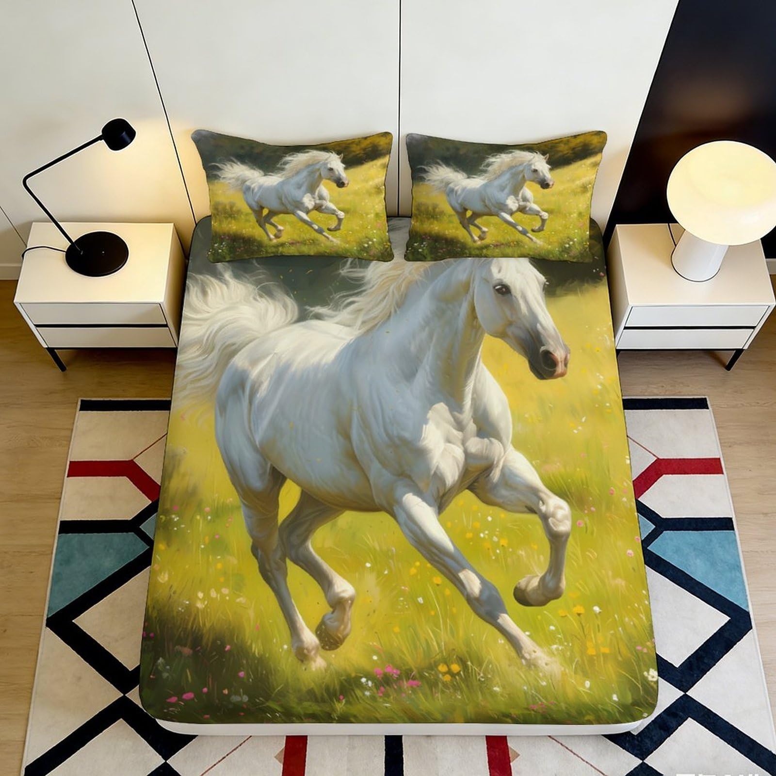 3D Printed White Running Horse Fitted Sheet Microfiber Soft Anti-Slip Wild Meadow Bed Cover for Bedroom Decor 140x200x25cm