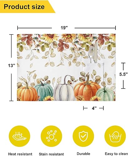 Miniatura 6 de Fall Thanksgiving Table Placemats for Dining Table Set of 4,Cotton Linen Cloth Kitchen Place Mats with Pocket,Washable SquareRectangleRoundOblong