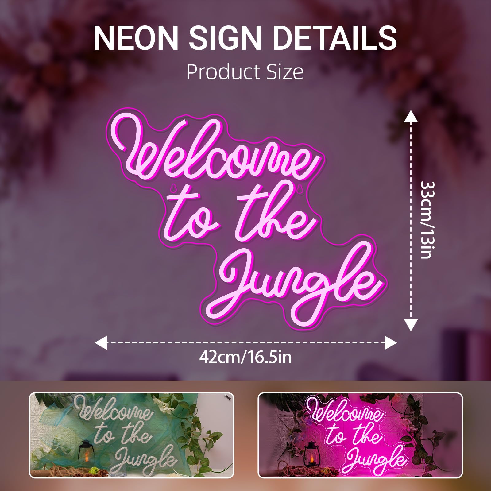 Neonschild mit Aufschrift "Welcome to the Jungle", rosa LED-Wort, Neonlicht-Schilder für Wanddekoration, USB-Buchstabe, leuchtendes Schild für Schlafzimmer, Kinderzimmer, Garten, Zuhause,