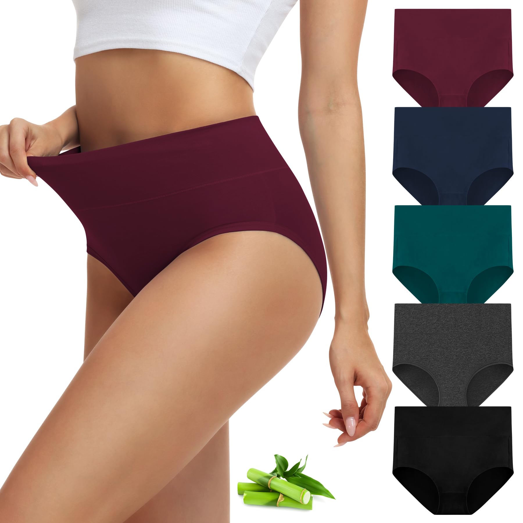 FALARY Bambus Unterhosen Damen Hohe Taille,Seidenweich und Weichheit Unterwäsche Frauen,Atmungsaktiv Stretch Panties, Bauchweg Leicht Slip 5 Pack