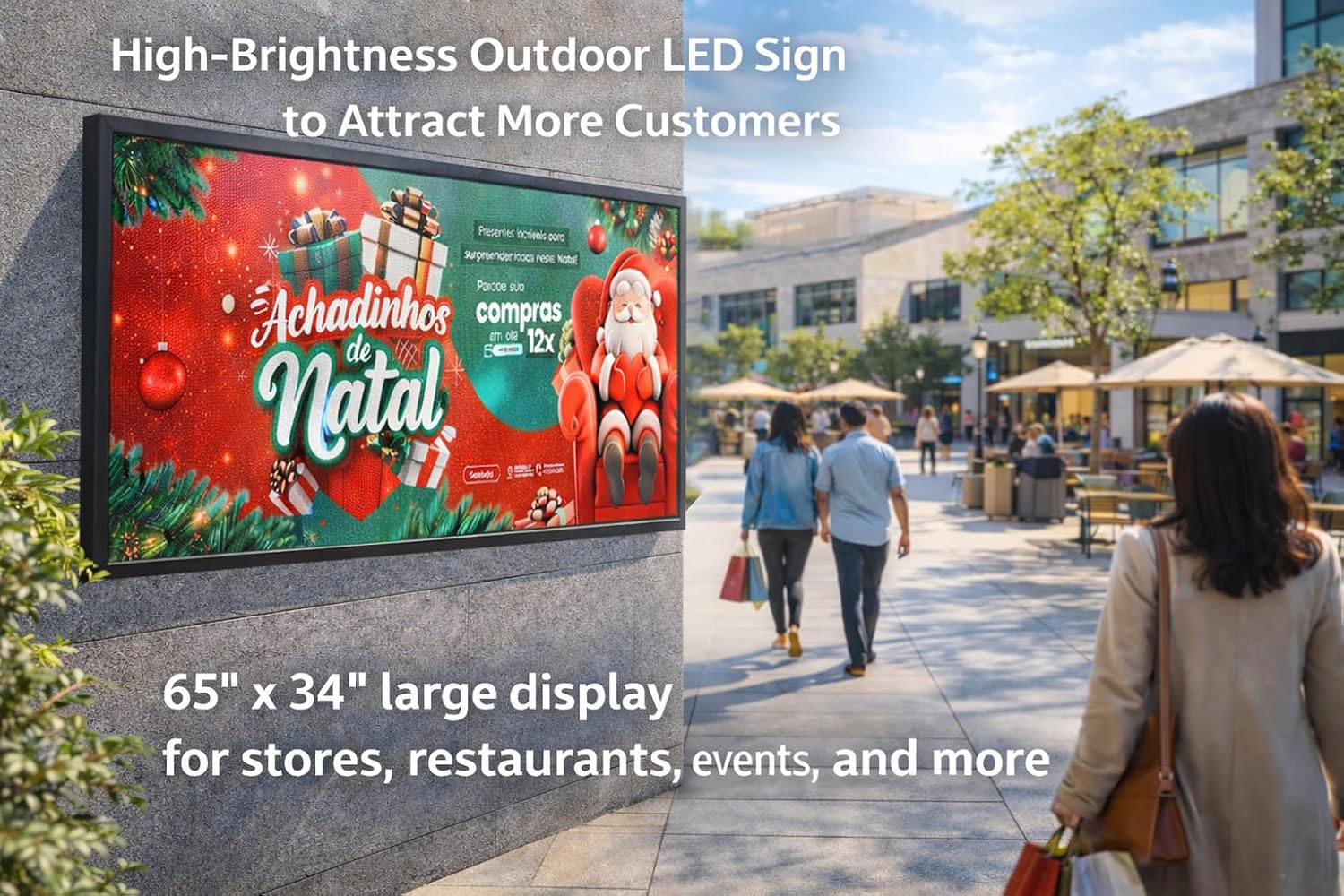 P5 Outdoor Full-Color Programmable LED Sign 65” × 34” High-Brightness Digital Display with WiFi & USB Control, Scrolling Message Board for Business Advertising, Text/Image/Video, IP65 Waterproof