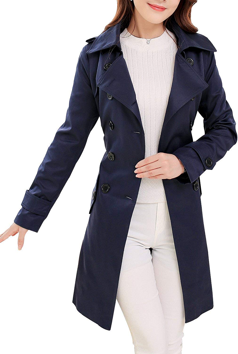 NANJUN Women's Double-Breasted Trench Coat Classic Lapel Overcoat Slim Outerwear Windproof Coat with Belt Buckle(Indigo 2)