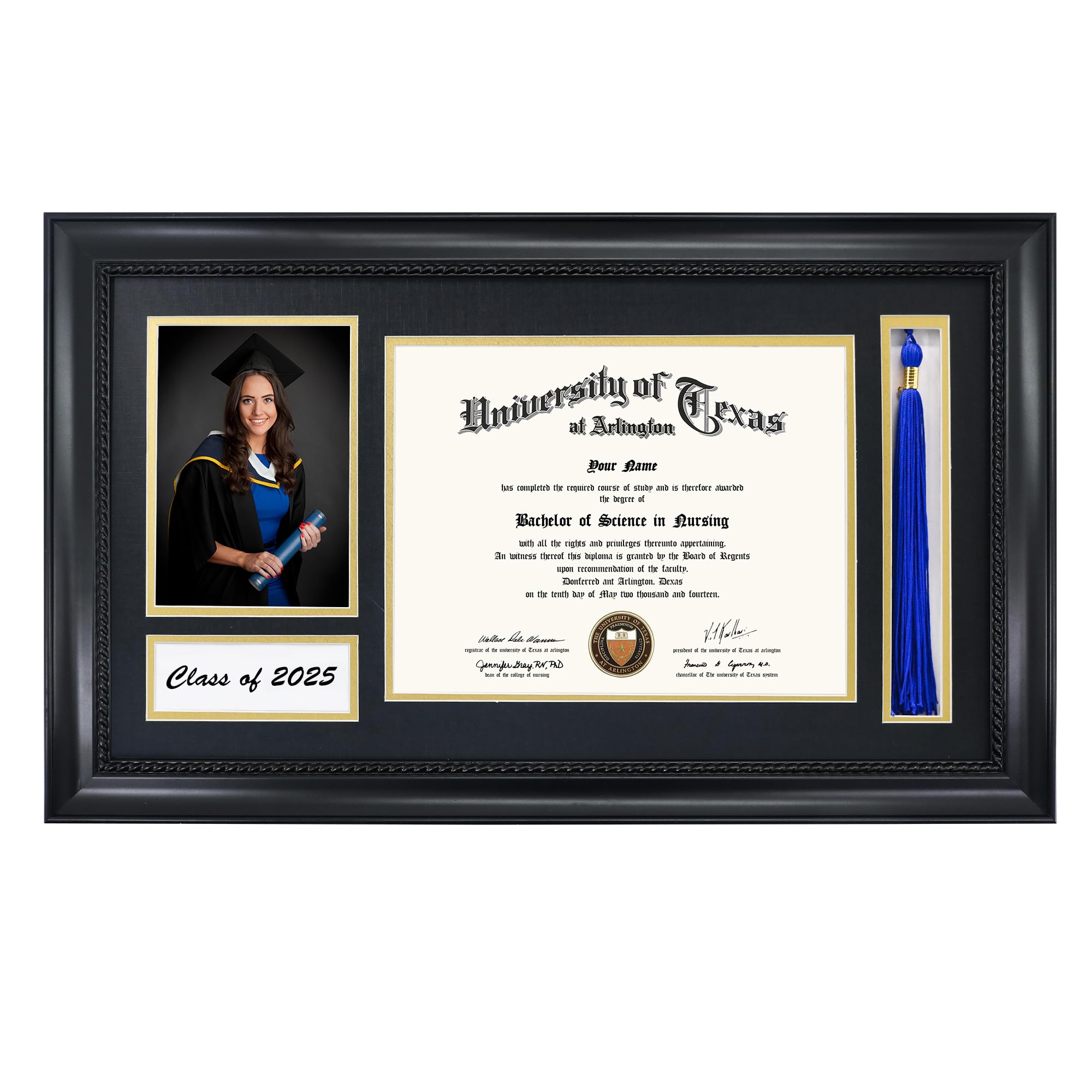 Class of 2025 Diploma Frame with Tassel Holder for 8.5x11 Certificate and 5x7 Photo,Solid Wood,Tempered Glass,Black over Gold Mat