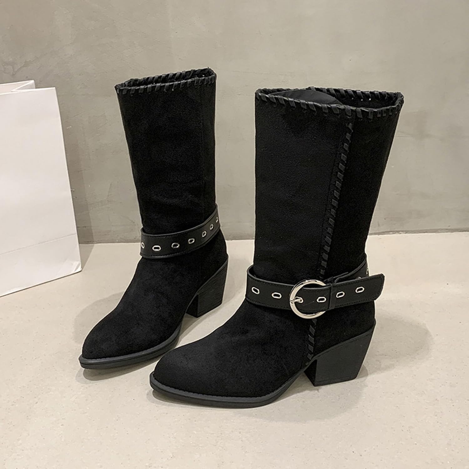 Fashion Cowboy Ankle Boots for Women:Winter Warm Pointed Toe Thick Heel Footwear Hiking Wedding Party Dressy Shoes