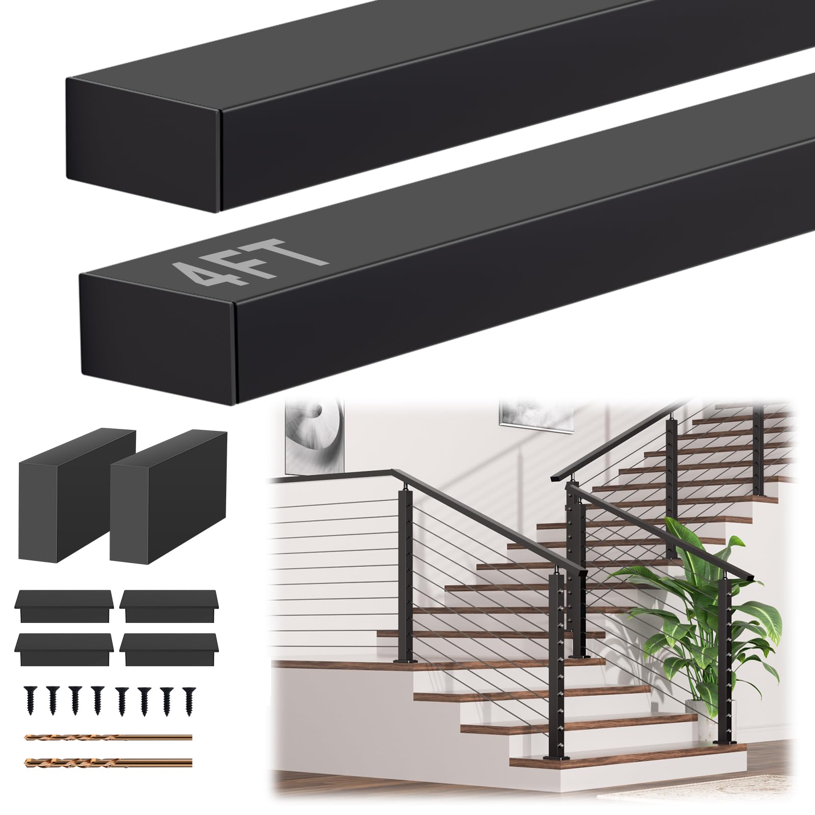 4FT Black Handrail with Connector, Top Rail for Indoor Outdoor Stair