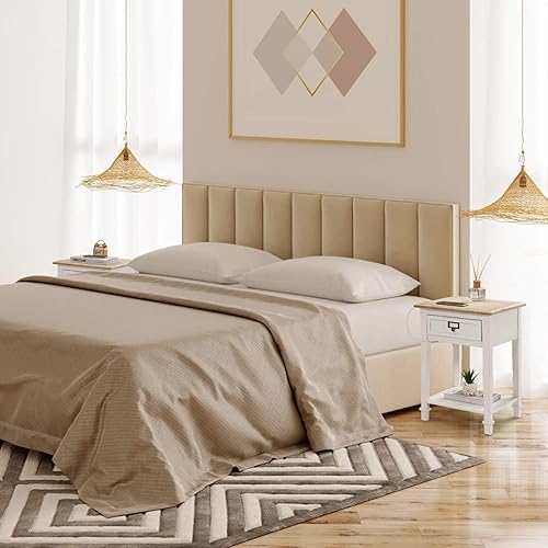 Miniatura 5 de Wnutrees Mesa auxiliar con estación de carga, 2 puertos USB y 2 tomacorrientes, mesita de noche con cajón y estante de almacenamiento abierto para