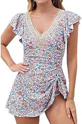 Maiô feminino com controle de barriga e renda com babados e gola V