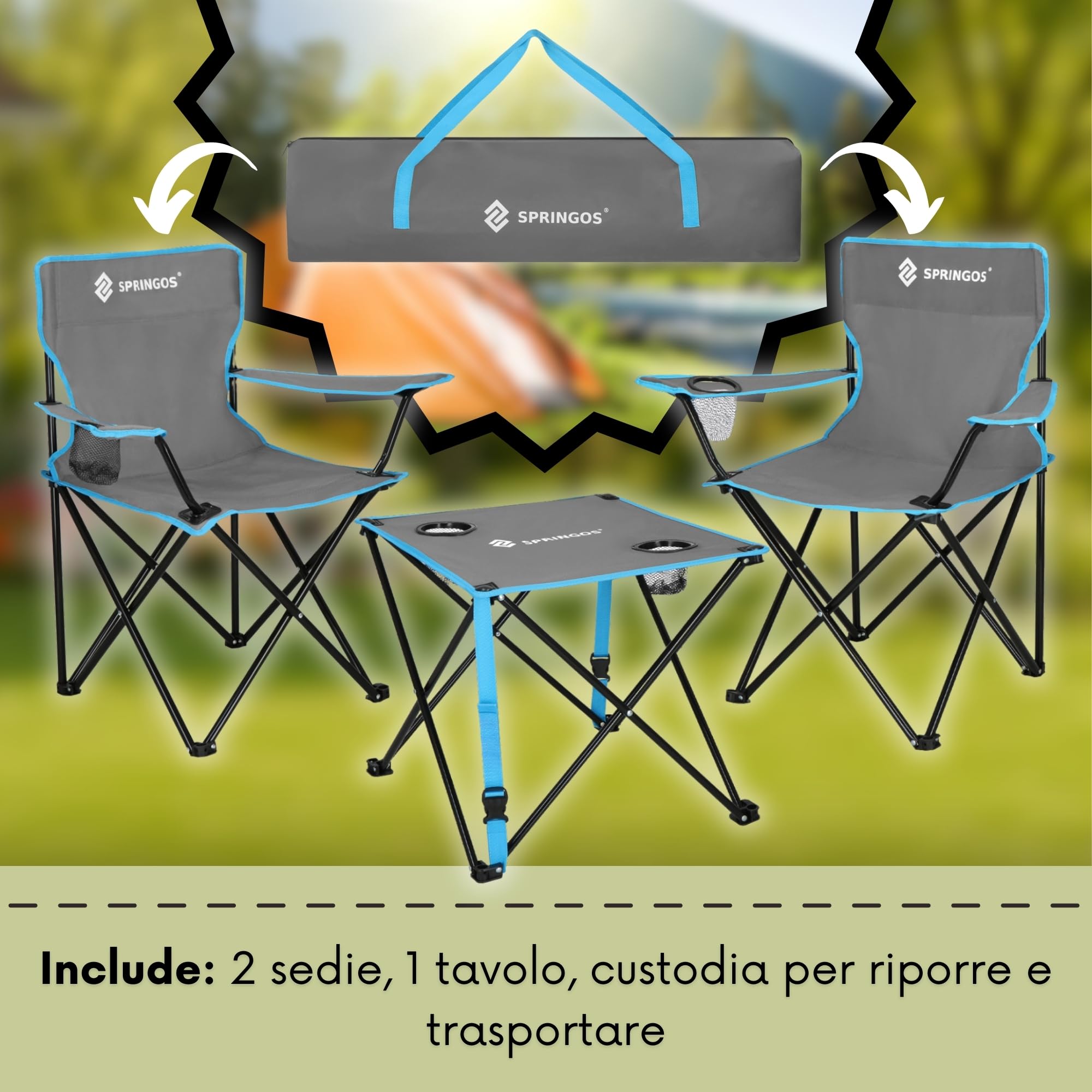 SPRINGOS Set da campeggio con tavolo pieghevole e 2 sedie, borsa per il trasporto, mobili da picnic per esterni con portabicchieri e regolazione dell'altezza, per pesca, balcone, festival