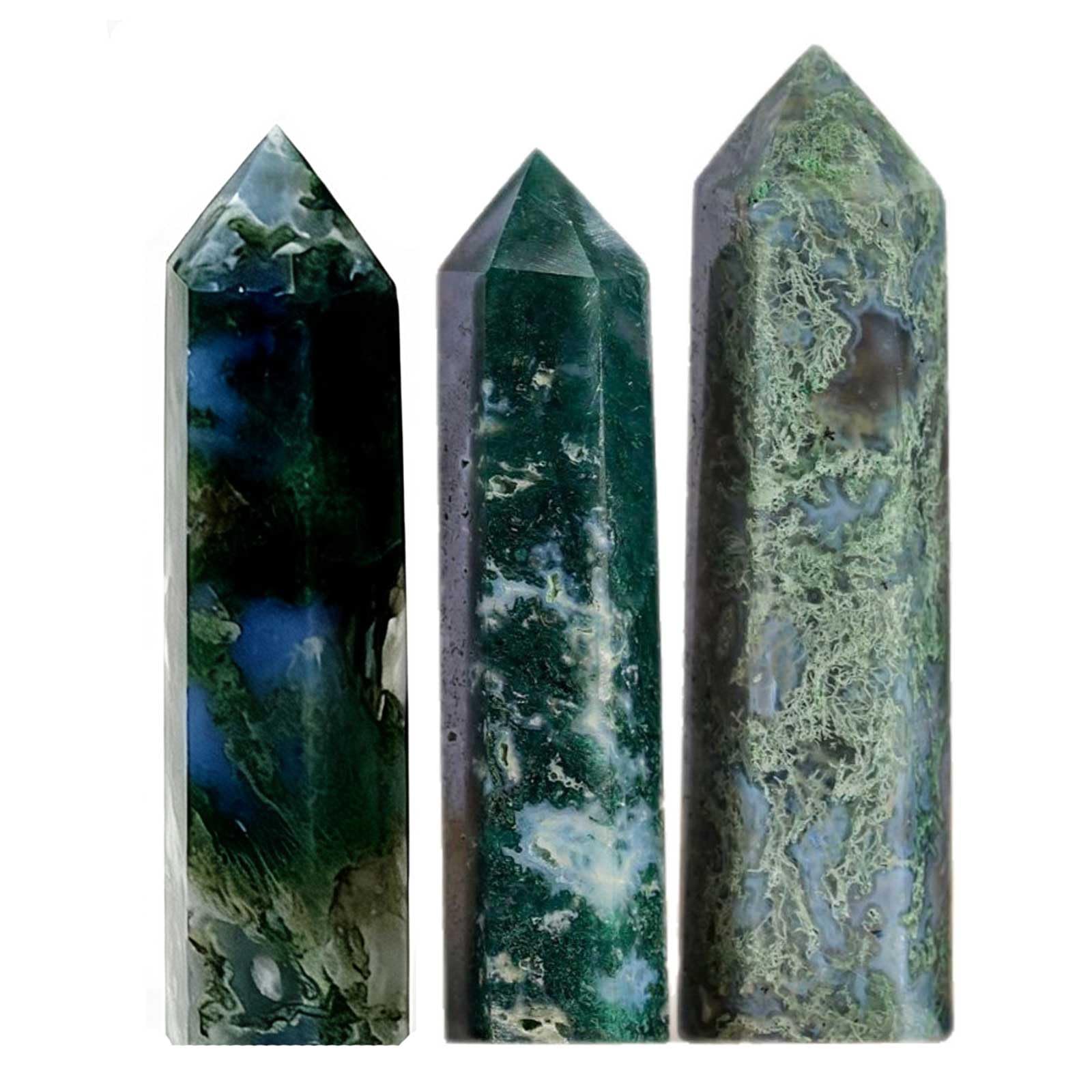 AGSHYWFT 3Pcs Moss Agate Geode Obelisk Healing Crystal Wand