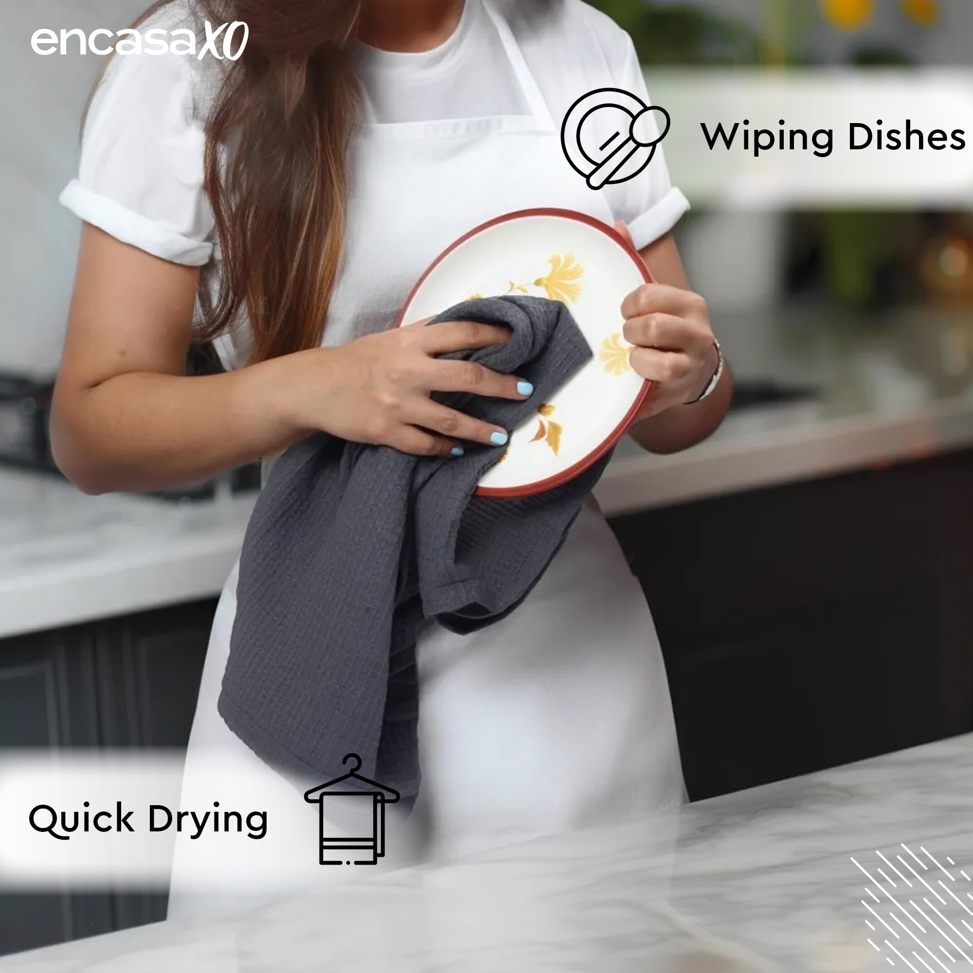 Encasa XO Kitchen Dish Towels Set | Grey | Waffle Weave and Flat Hand Tea Towel | 70x45 cm | Quick Drying Reusable Cotton Washcloths | Multipurpose Lightweight Dishcloths Set of 4 3