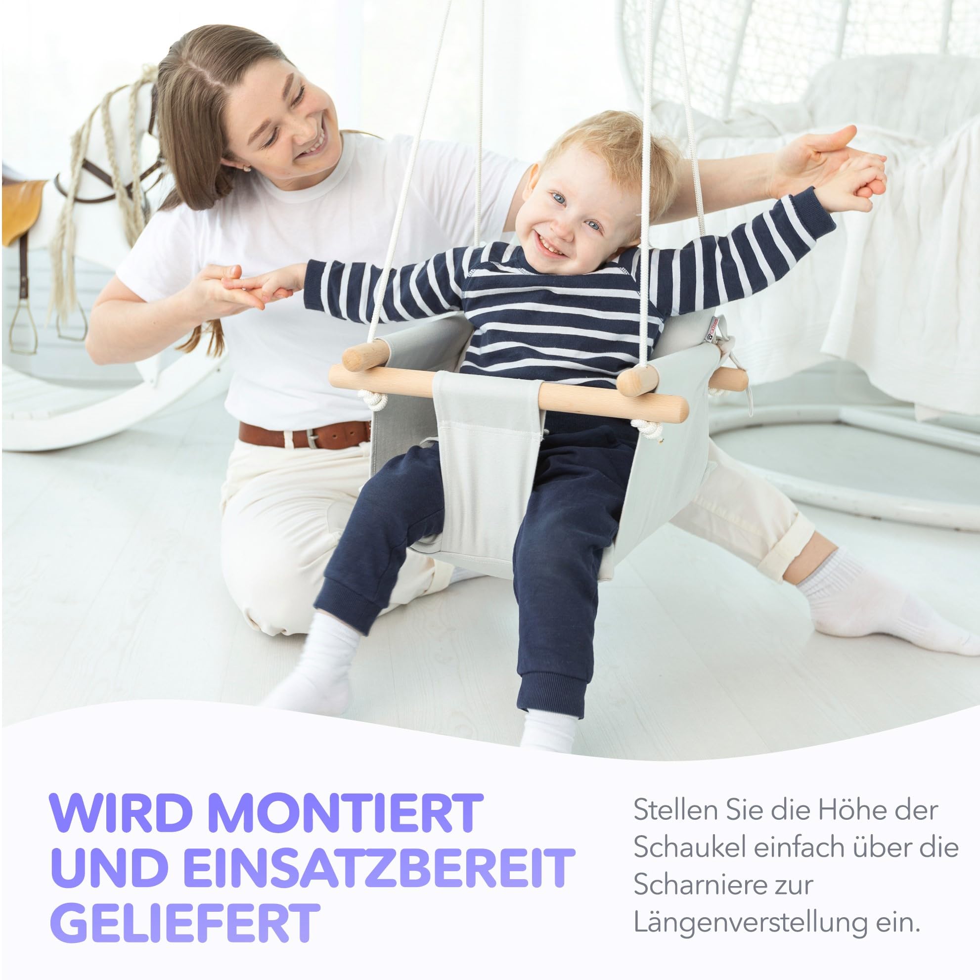 Cateam Babyschaukel Holz, Hängeschaukel mit 5-Punkt-Sicherheitsgurt, Indoor Outdoor, Kinderschaukel ab 12 Monate, Grau