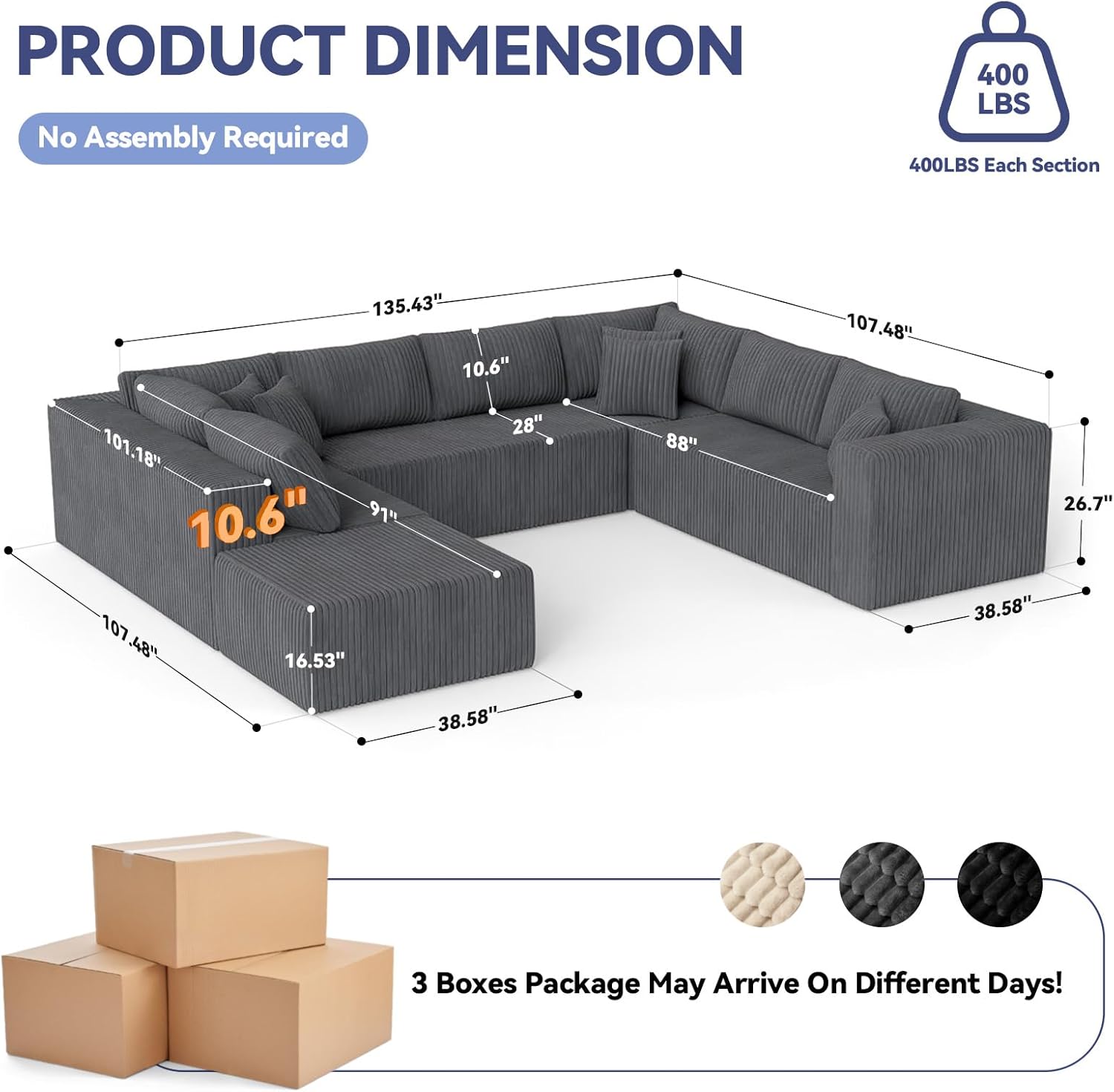 135" Boneless Couches for Living Room, L-Shaped Cloud Couch with Oversized Chaise, Modular Sectional Couch w/Deep Seat, Corduroy Comfy Sofa, No Assembly Couches for Bedroom & Apartment, Gray | Boneless, Oversized Chaise, Deep Seat, Corduroy, Modular, No Assembly