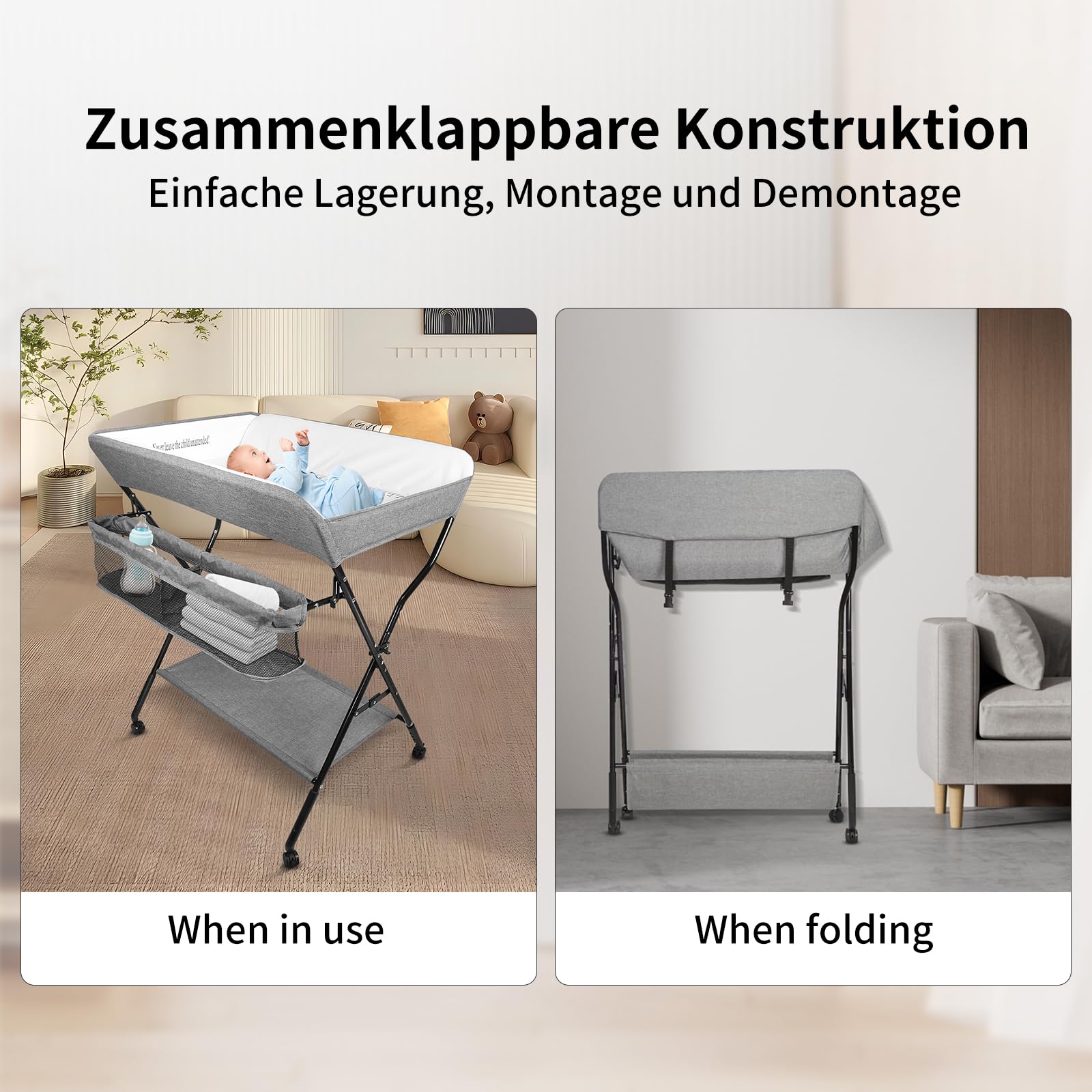 OHMG Cambiador plegable para bebé, cambiador con ruedas, cambiador móvil con cambiador, cinturón de seguridad y compartimentos de almacenamiento, resistente al agua y altura ajustable, estable