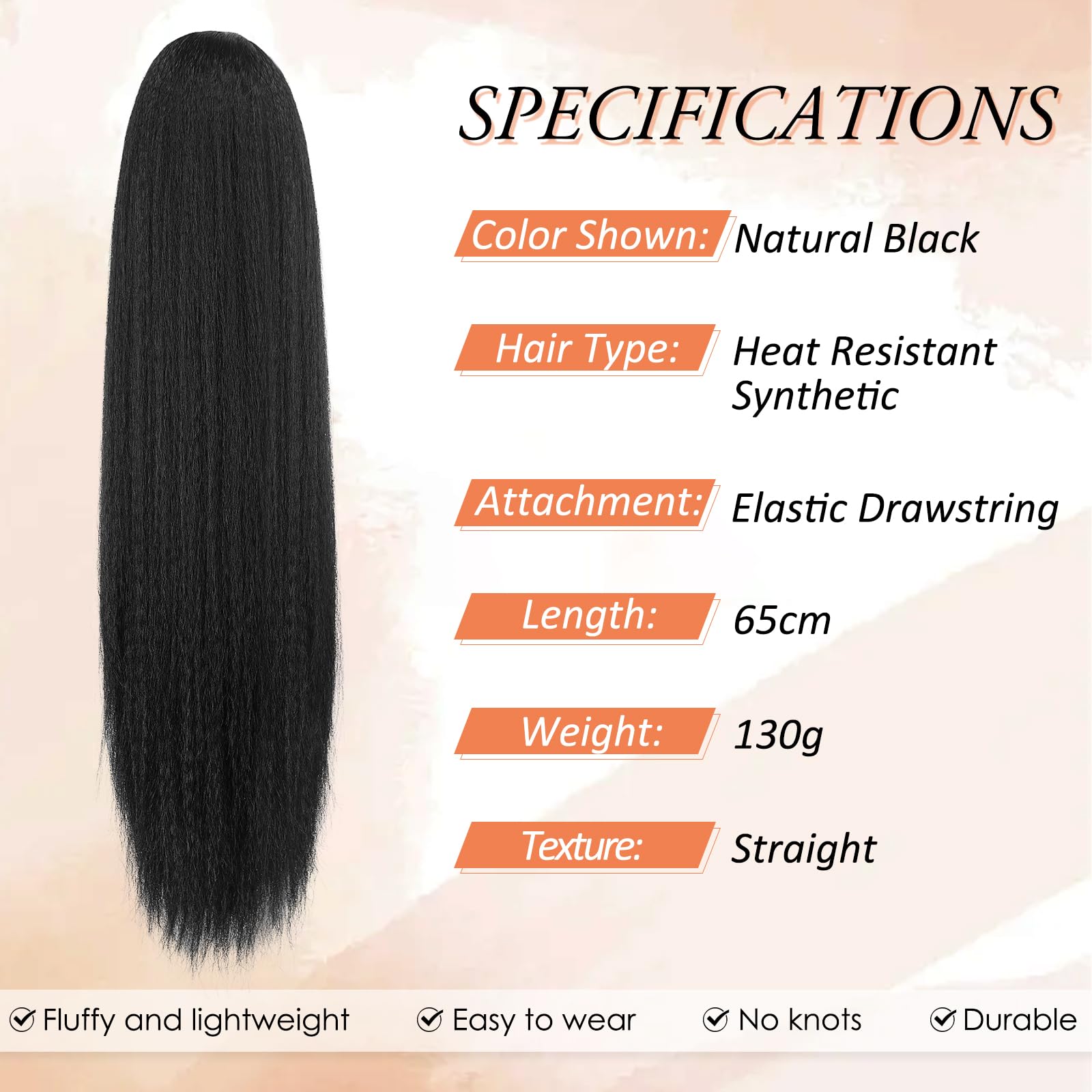 RUWISS Drawstring Ponytail for Black Women Yaki Straight Ponytail Hair Extension 26 Inch Long Thick Pony Tail Clip in Synthetic Ponytail Hairpiece Natural Black - Image 2