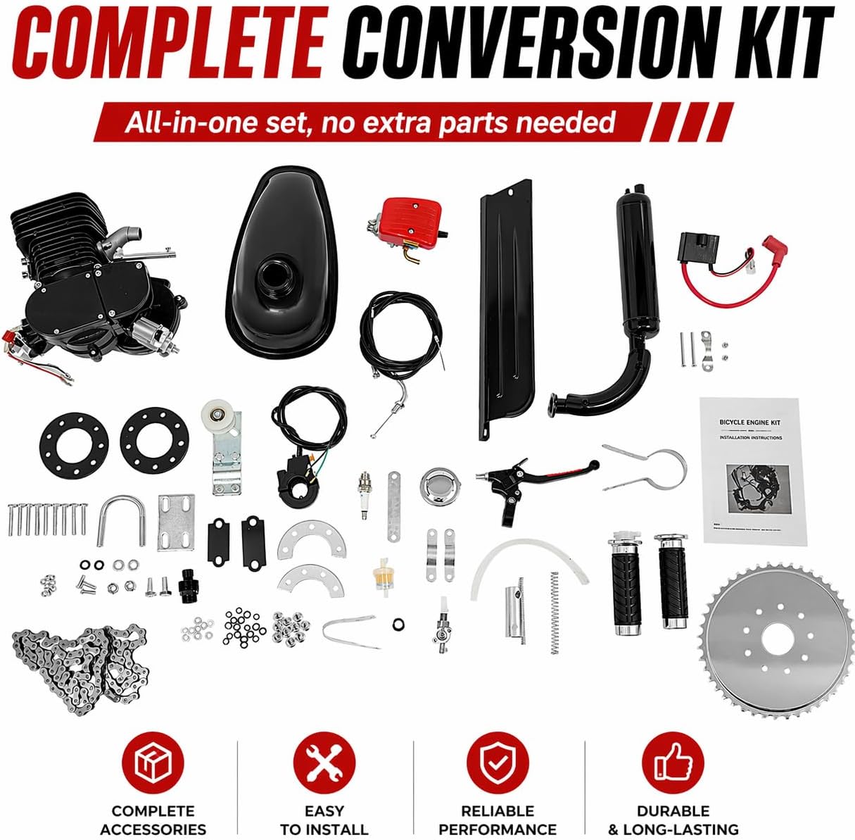 Upgrade 110CC Bicycle Engine Kit 2 Stroke Motorized Bike Kit Gas Powered Engine Motor Kit with CDI System Foot Pedal Start Bike Kit for 26/28" Bikes (Black)