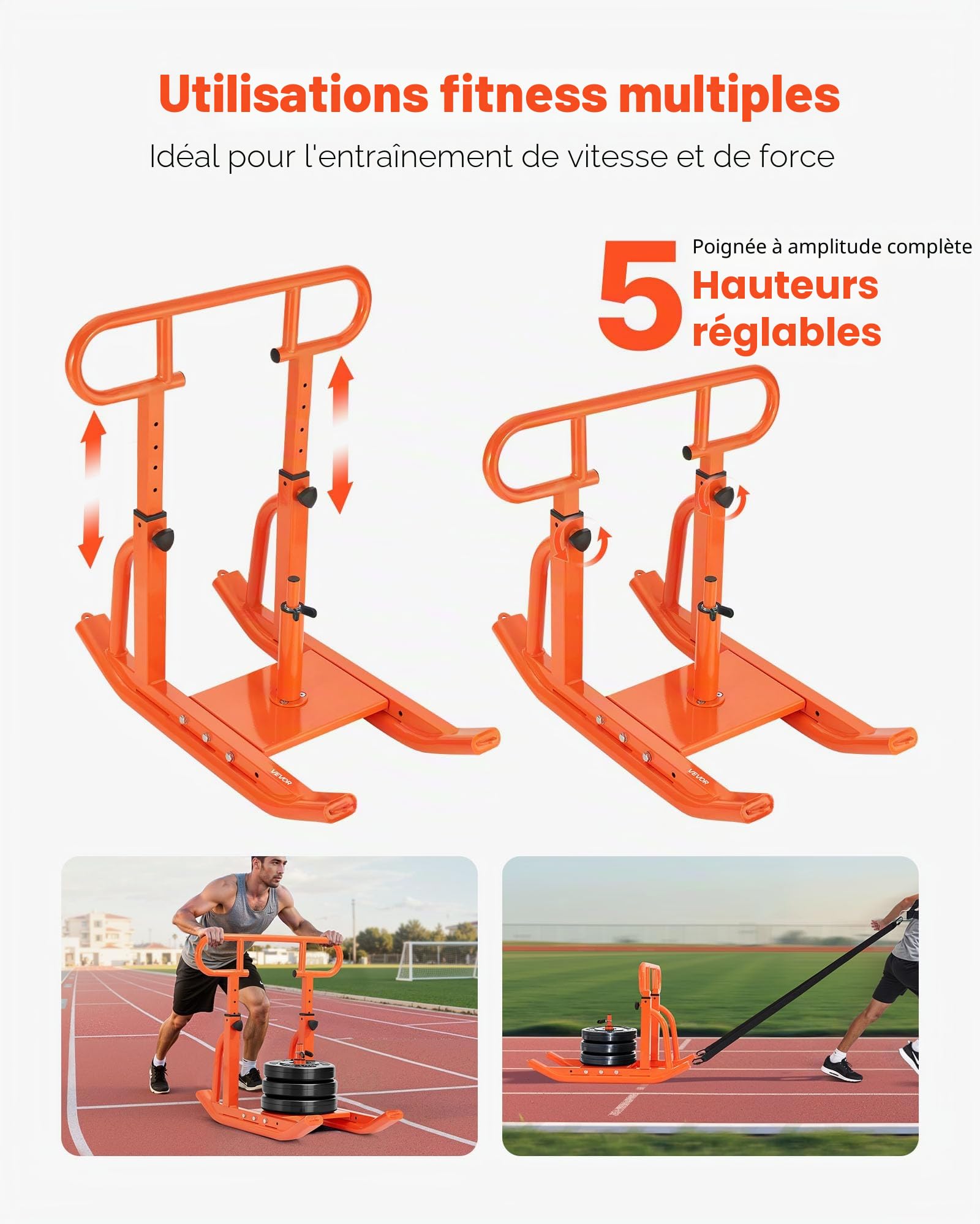 VEVOR Traîneau de Puissance en Acier, Équipement d'Entraînement de Force, Vitesse et Explosivité avec Poignée Réglable en Hauteur, Poussée et Traction, Compatible avec Disques de 2,5 et 5 cm, Orange
