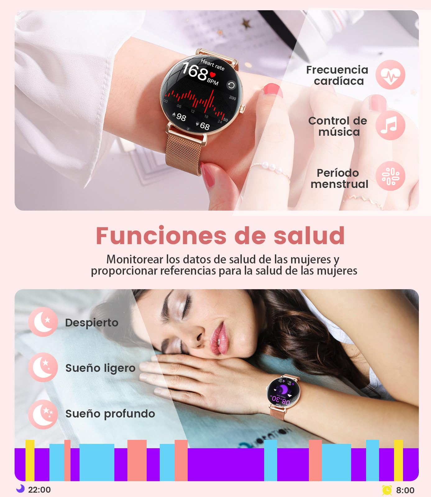 SUNKTA Reloj Inteligente Mujer Ligero con Pantalla Curva AMOLED Ultra Fina Bluetooth Llamadas IP68 Impermeable Podómetro/Frecuencia Cardíaca 100+ Modos Deportivos Elegante Smartwatch para Android iOS