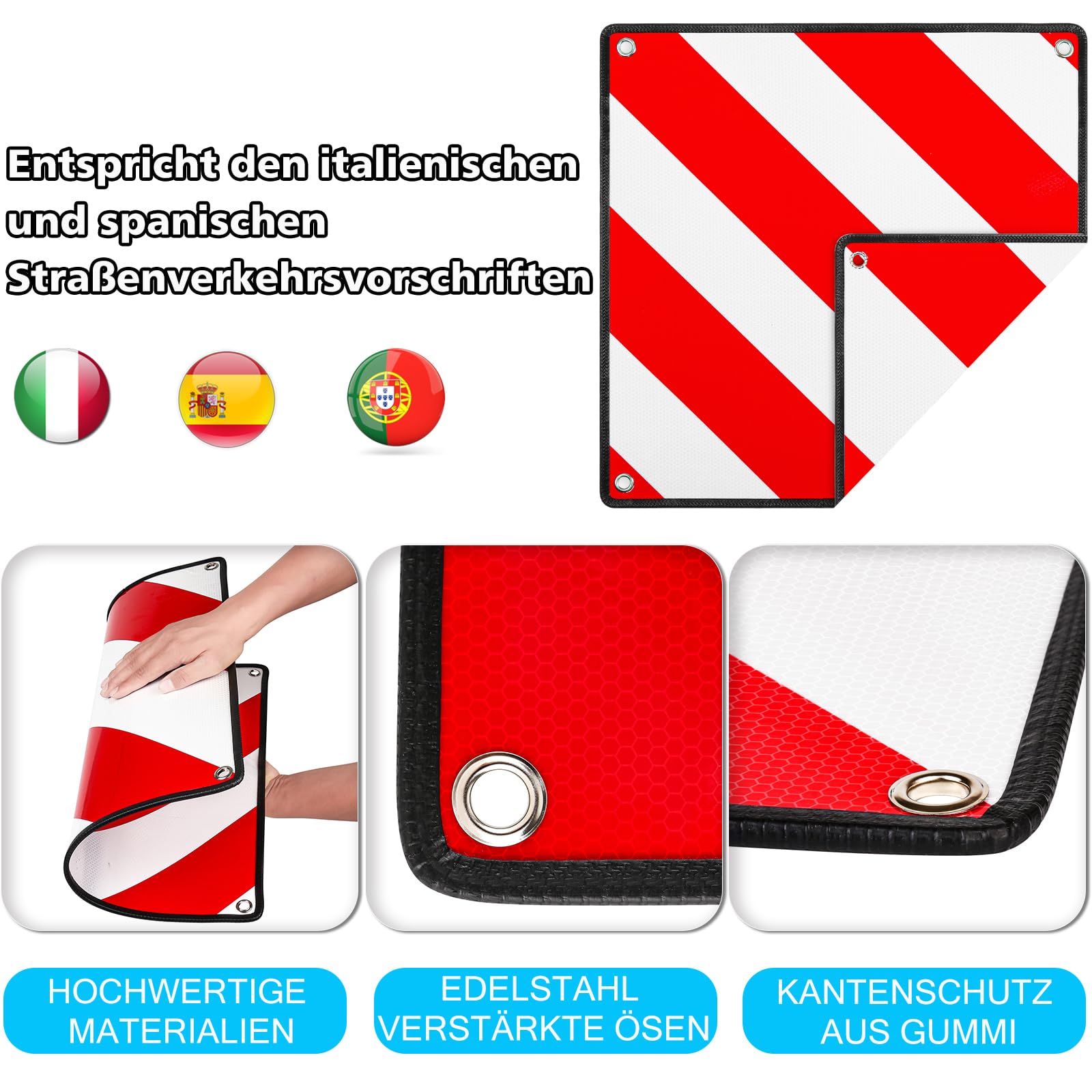 2 Stück Alu Warntafel für Italien Spanien Portugal, 3 In 1 Reflektierend Warnschild 50x50CM mit Spannseile & Eckenschützer, Zertifizierte für Fahrradträger Heckträger Anhänger Auto Wohnmobil