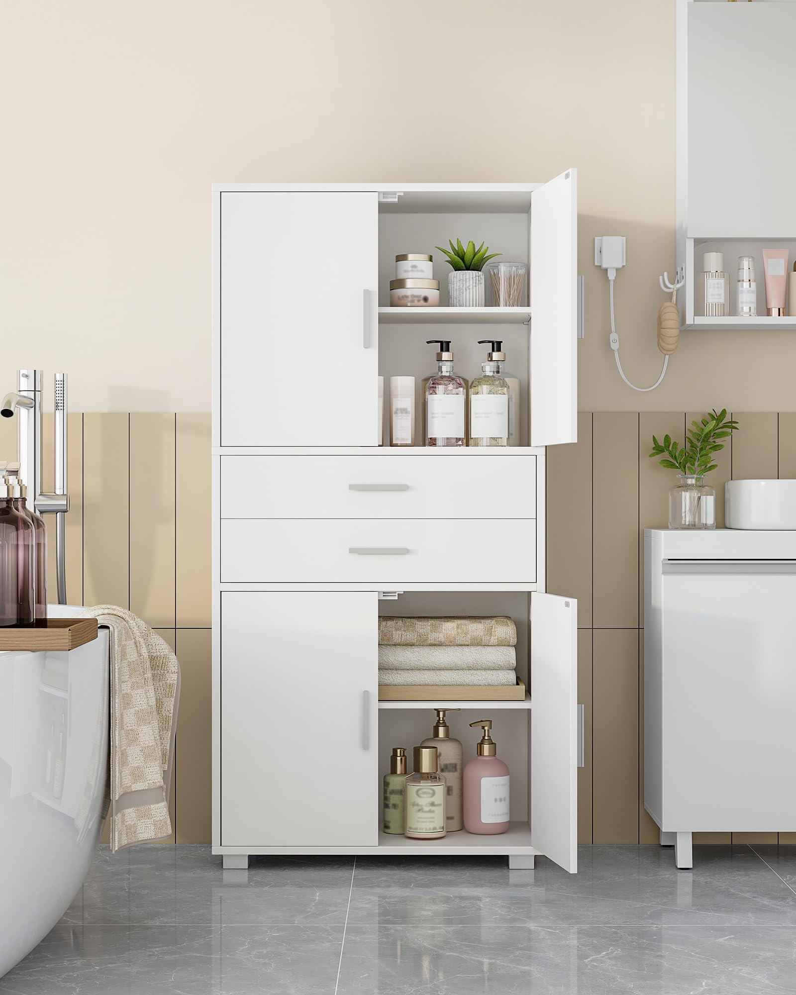 Hzuaneri Meuble Salle de Bain, Armoire sur Pied Haute avec Étagère Réglable, Meuble de Rangement avec 4 Tiroirs et 2 Portes, Commode, pour Salon, Salle de Bain, 30 x 60 x 125,5 cm Blanc SC60003X