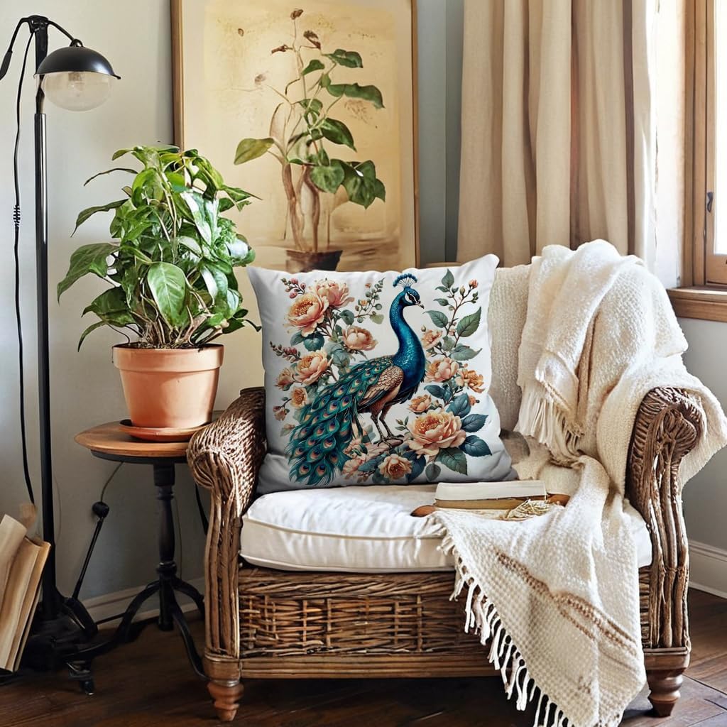 7COLORROOM Set of 4 Vintage Style Peacock Throw Pillow Cover with Flower &Green Leaves Cushion Cover Cotton Linen Home Decors Square Pillowcases 18"X18" for Couch/Sofa/Bedroom(Pink) image 2