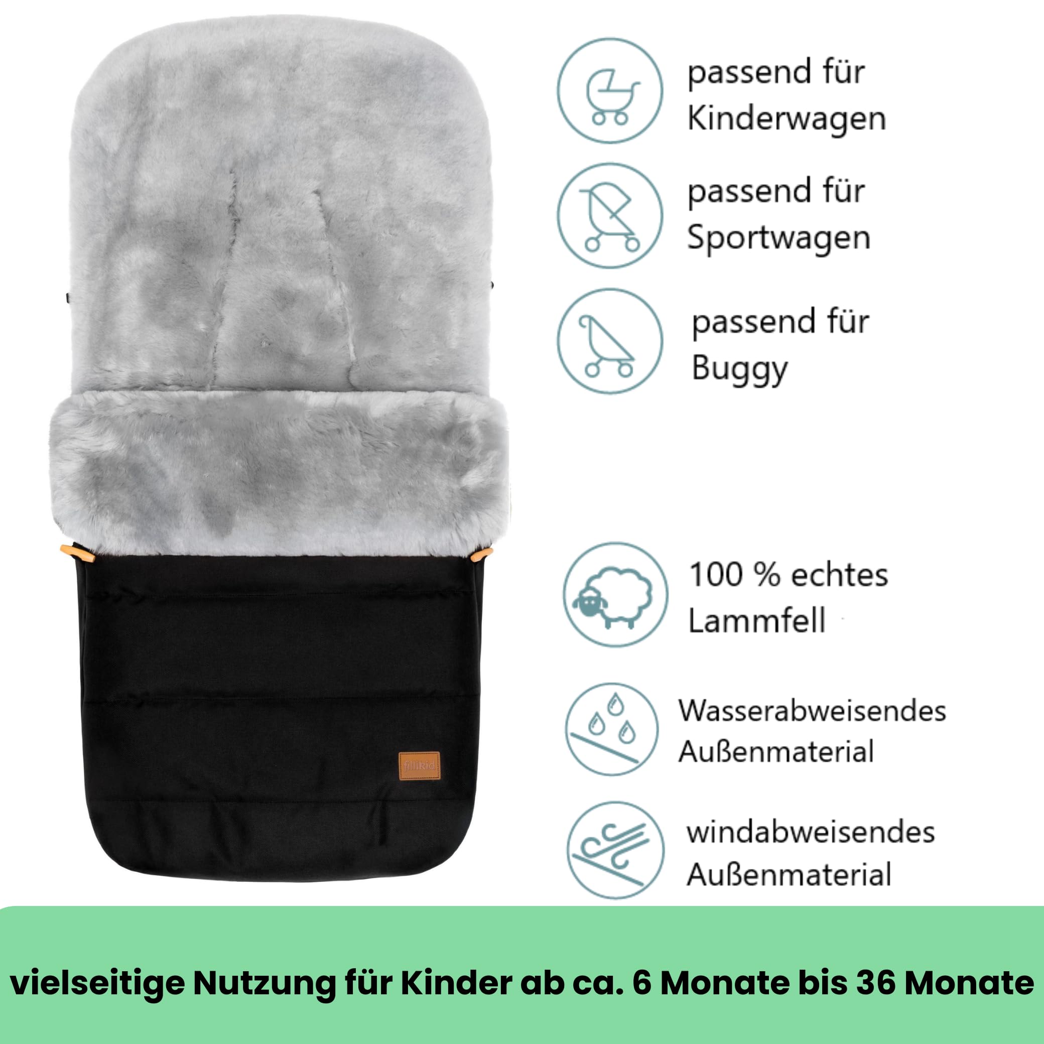 Fillikid Lammfellfußsack Bernina Kinderwagen Buggy Winterfußsack wind- wasserabweisend echtes Lammfell herausnehmbar Baby