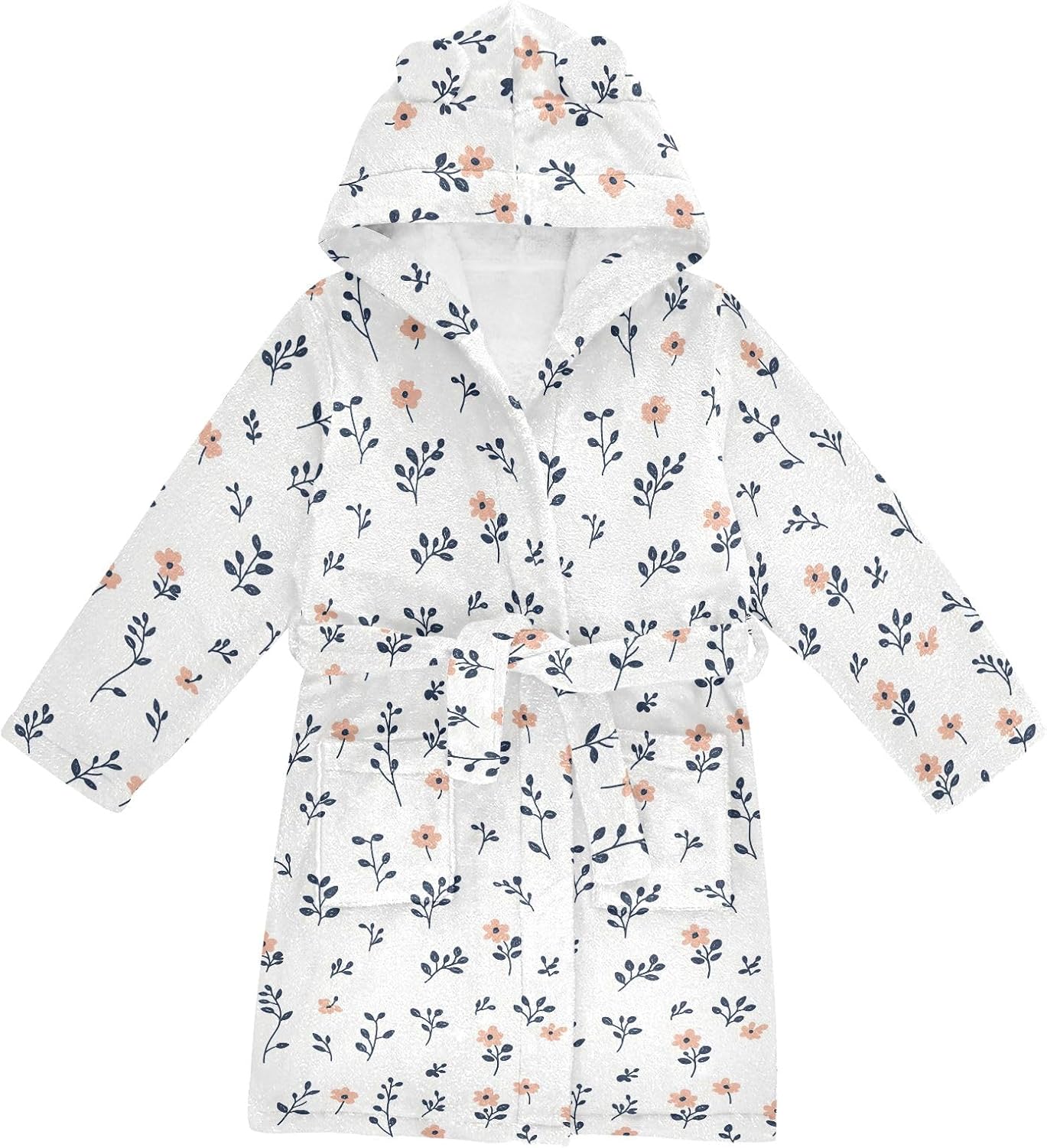 Cute Small Pink Floral Toddler Hooded Bathrobe for Boys Girls Soft Plush Bath Towel Robe 2-12 Years