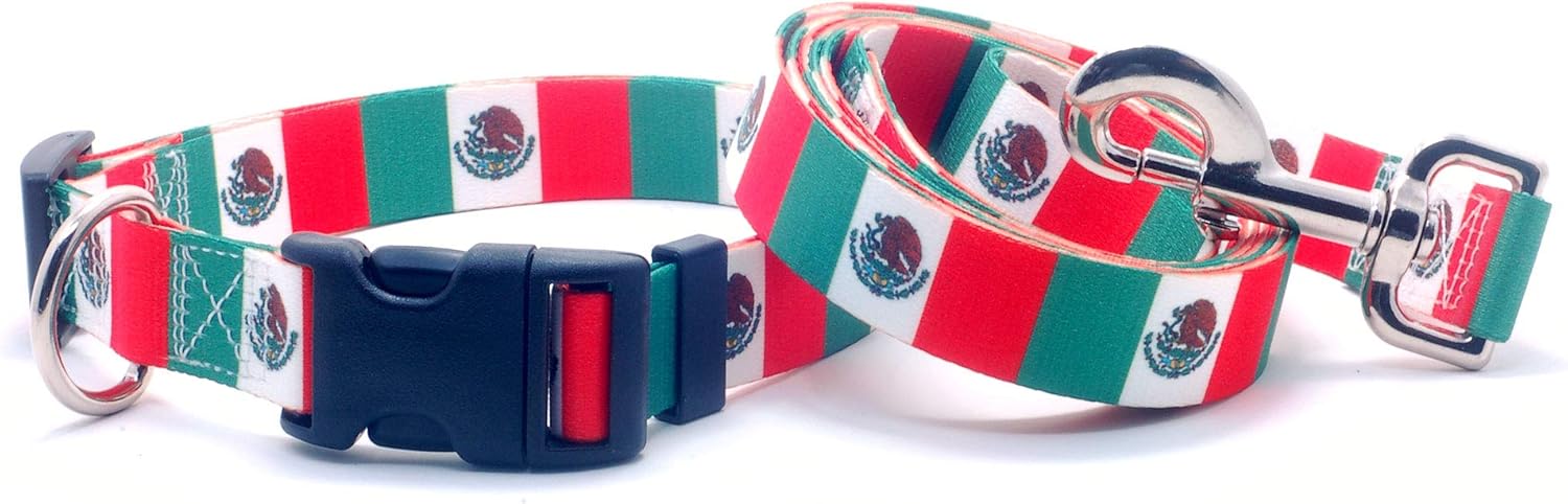 Dog Collar and Leash Set with The Mexico Flag | Great for Mexican Holidays, Special Events, Festivals, Independence Days and Every Day Strong Safe