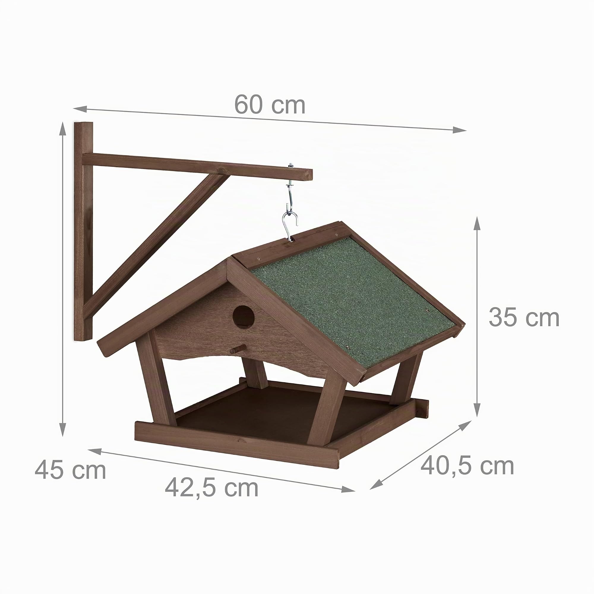 Relaxdays Casetta per Uccellini, Mangiatoia in Legno, Outdoor, Decorazione da Giardino, 35x42,5x40,5 cm, Marrone Scuro
