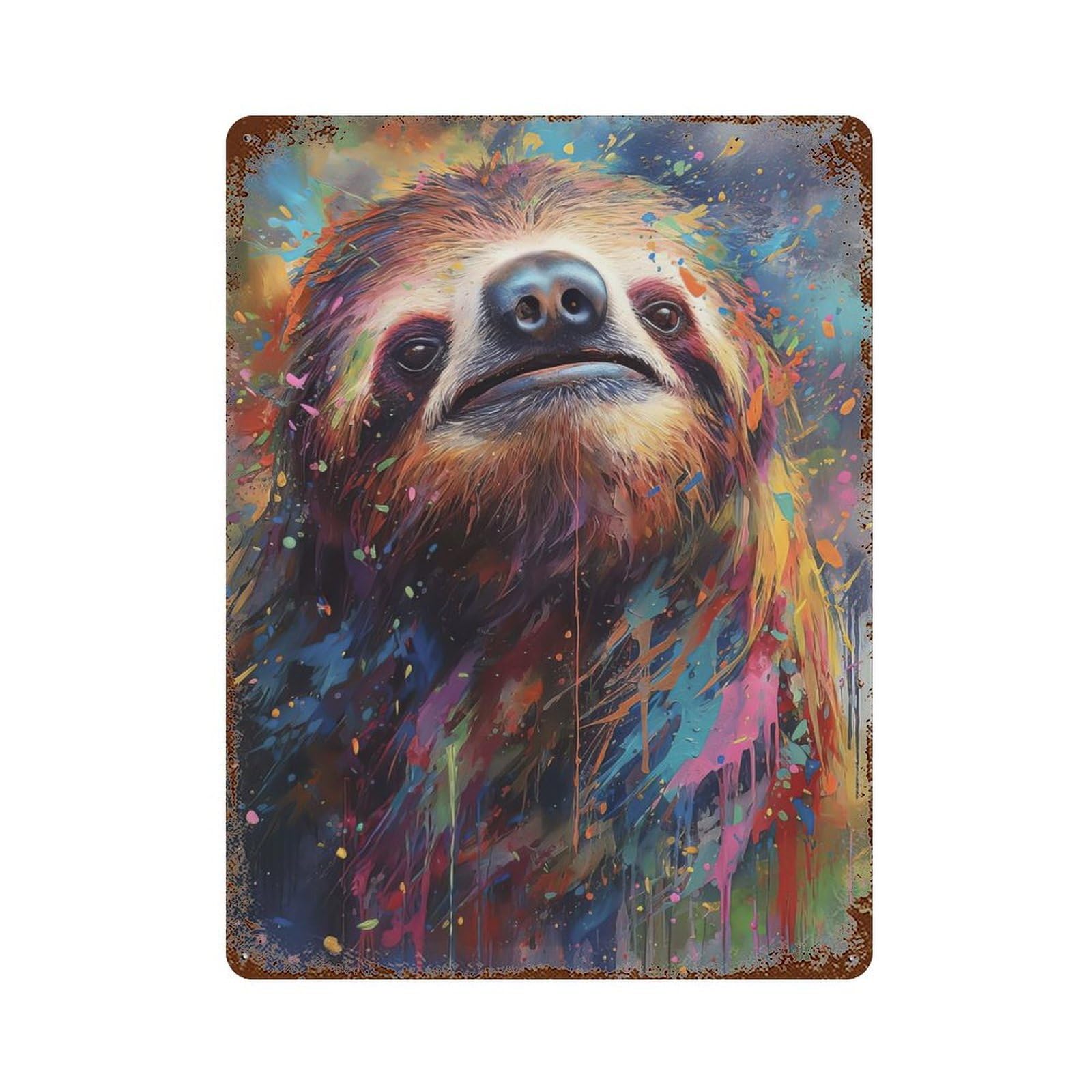 Sloth Painting Aged Metal Wall Plaque 15.7"x11.8", Industrial Home Decor for Pub, Kitchen And Man Cave Decor