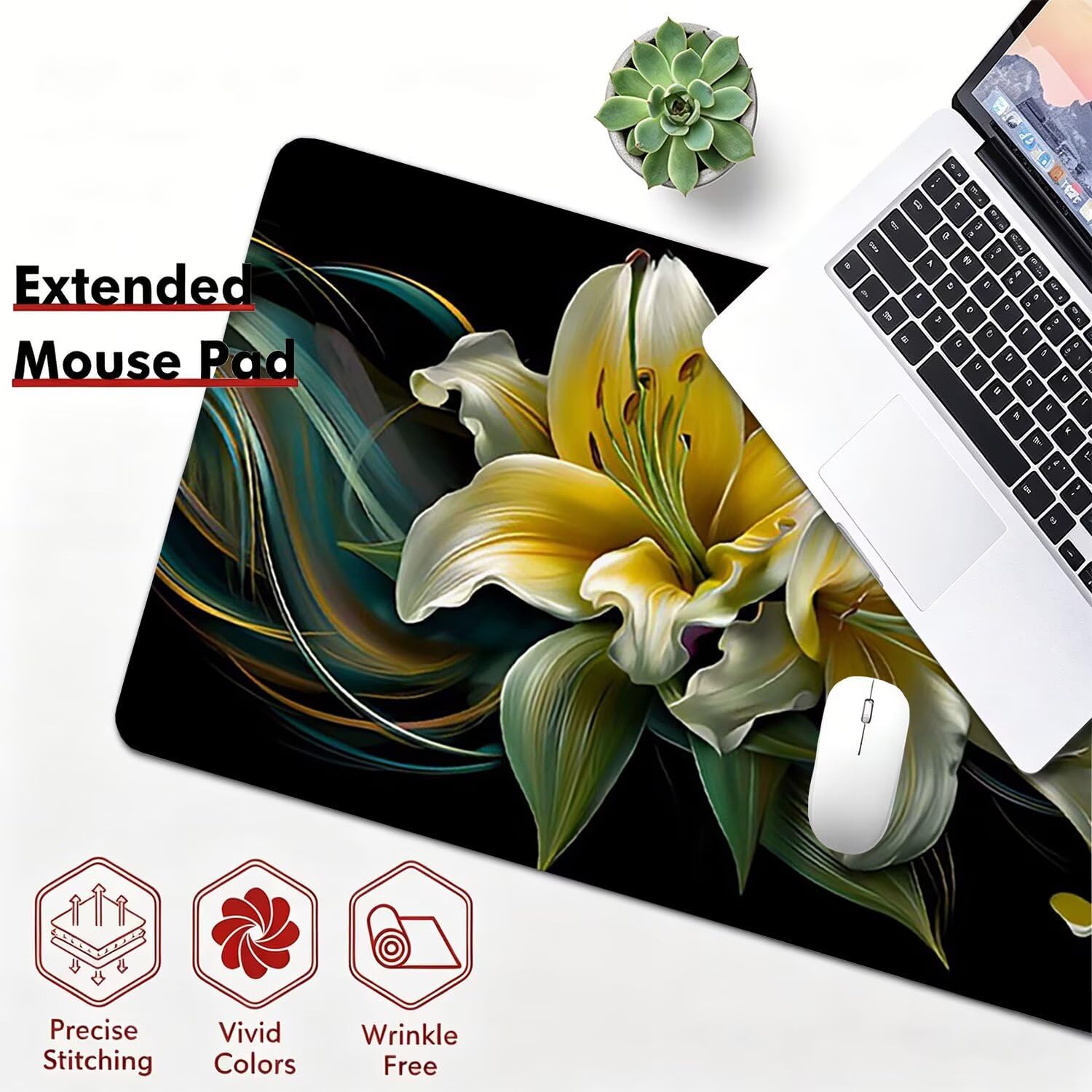 Tappetino Mouse Gaming XXL, Mousepad 1200x600x4mm nero giglio 0x0-221 | Tappetino Scrivania con Base in Gomma Antiscivolo Bordi Cuciti per Computer, PC, Migliora la Precisione e la Velocità