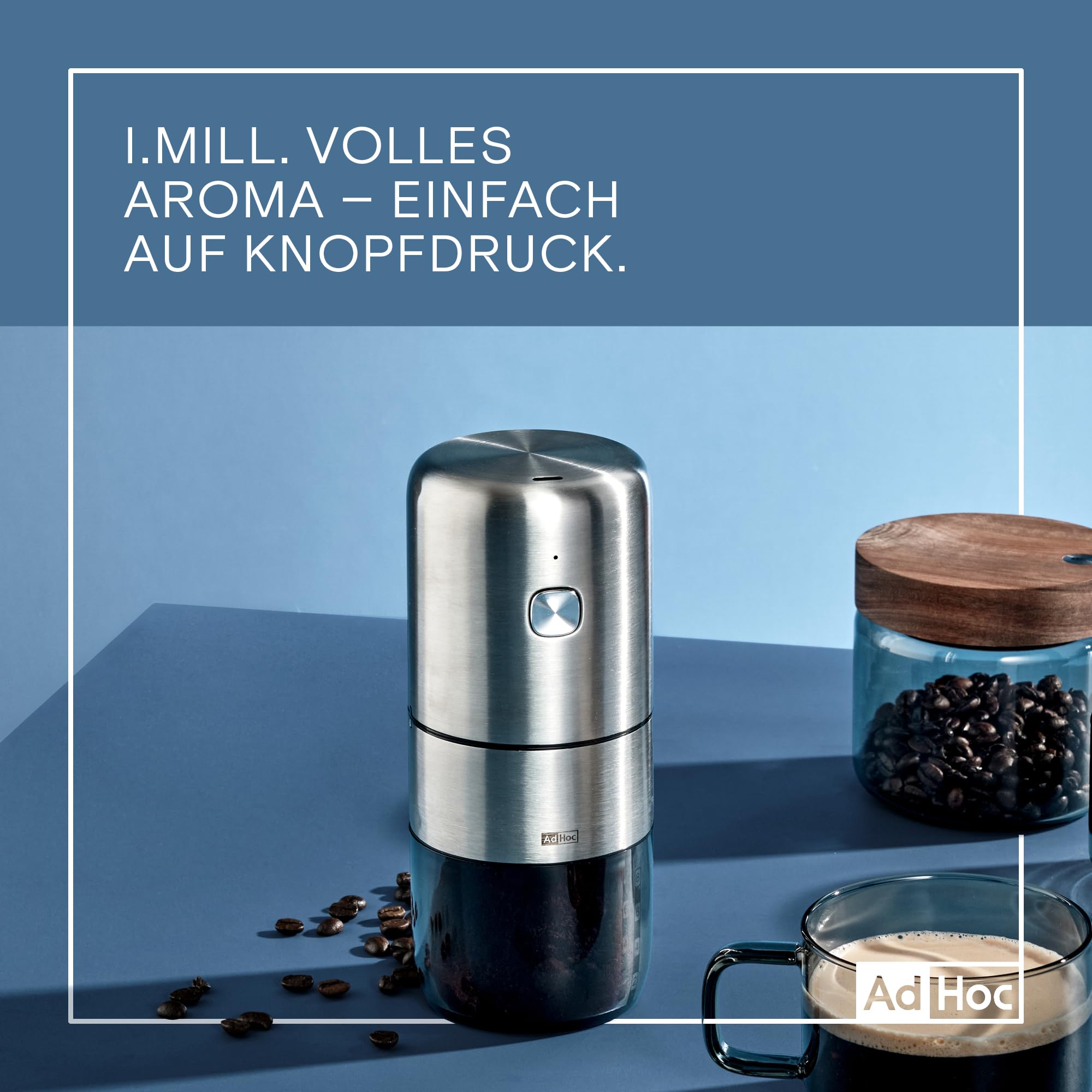 AdHoc i.Mill Design Kaffeemühle, elektrisch & wiederaufladbar | CeraCutXL® Keramikmahlwerk, USB-C, SilentDrive und stufenlose Mahlgradeinstellung