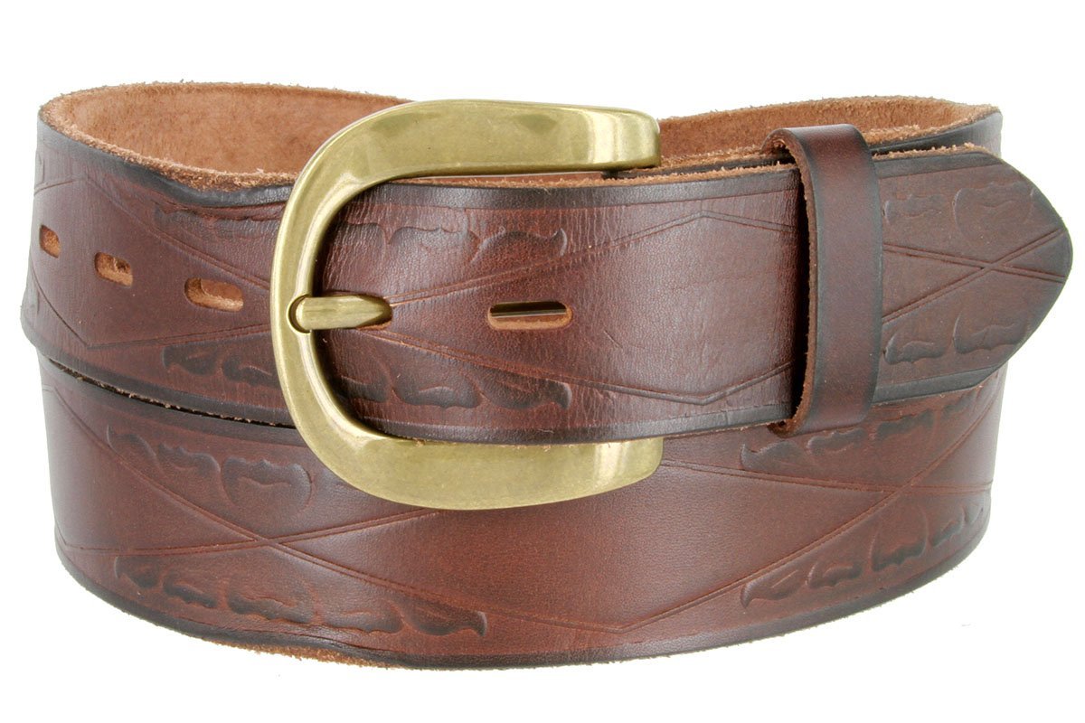 Vintage One Piece Full Leather Diamond Tooled Casual Jean Belt With Brass Finish Buckle (Dark Brown, 34