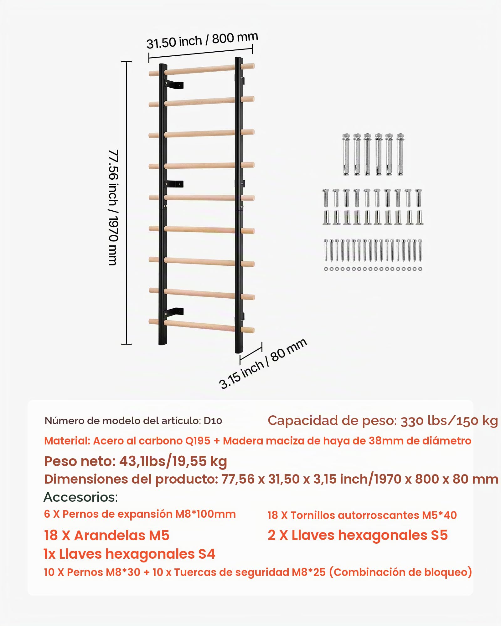 VEVOR Escalera Sueca de Gimnasio con Barras de Madera Maciza 9 Niveles Juego de Entrenamiento con Espaldera para Interior Capacidad de 150 kg Montaje de Pared para Hogar, Estudio de Baile, Gimnasio