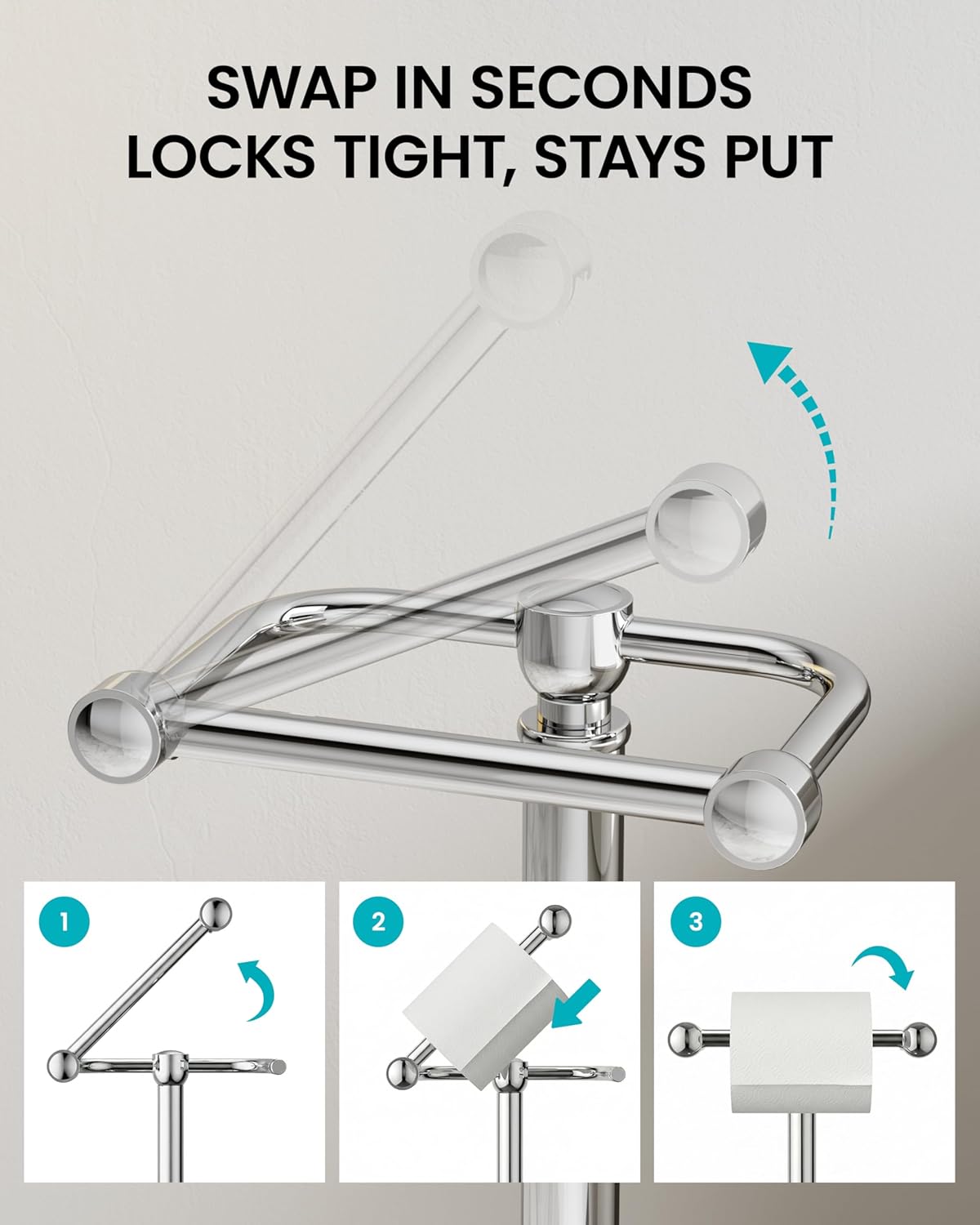 Freestanding Chrome Toilet Paper Holder Stand, 4.82 LB Weighted Base Toilet Paper Stand, 304 Stainless Steel PVD One-Piece Pole, Pivoting Arm Fits Mega Rolls, No Drilling, 22 Inch