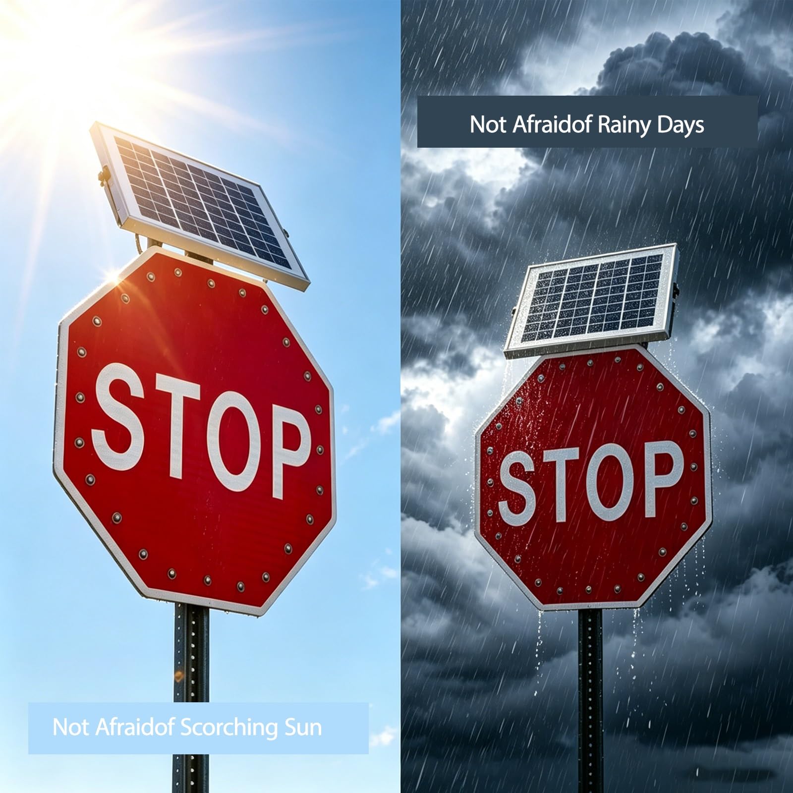 Señal de Tráfico Solar Octogonal, Cartel Reflectante con Energía Solar, Visibilidad 500 m, Marco en Aluminio, para Vías Rurales, Cruces Viales y Zonas Industriales(24")