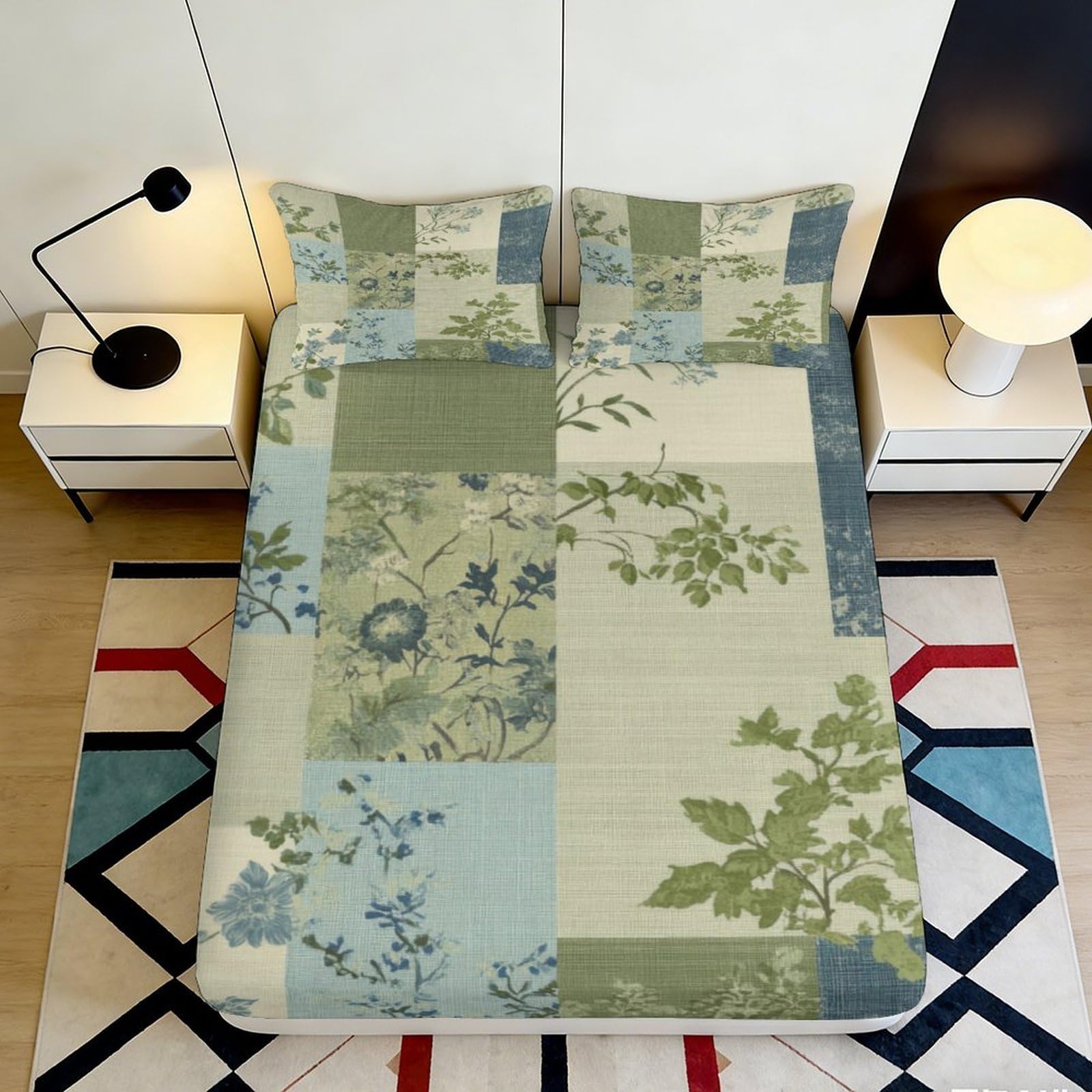 3D Printed Patchwork Botanical Fitted Sheet Microfiber Green Blue Floral Bed Cover for Bedroom Guest Room Decor 90x200x25cm