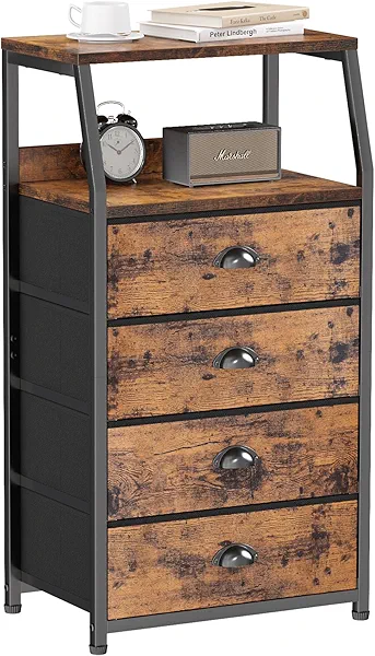 Furnulem Night Stand, Tall 4 Drawers Dresser for Bedroom, Hallway, Nursery, Closet Organizer, Nightstand Bedside Table Furniture, Vertical Storage Tower Fabric, Sturdy Steel Frame, Wood Top