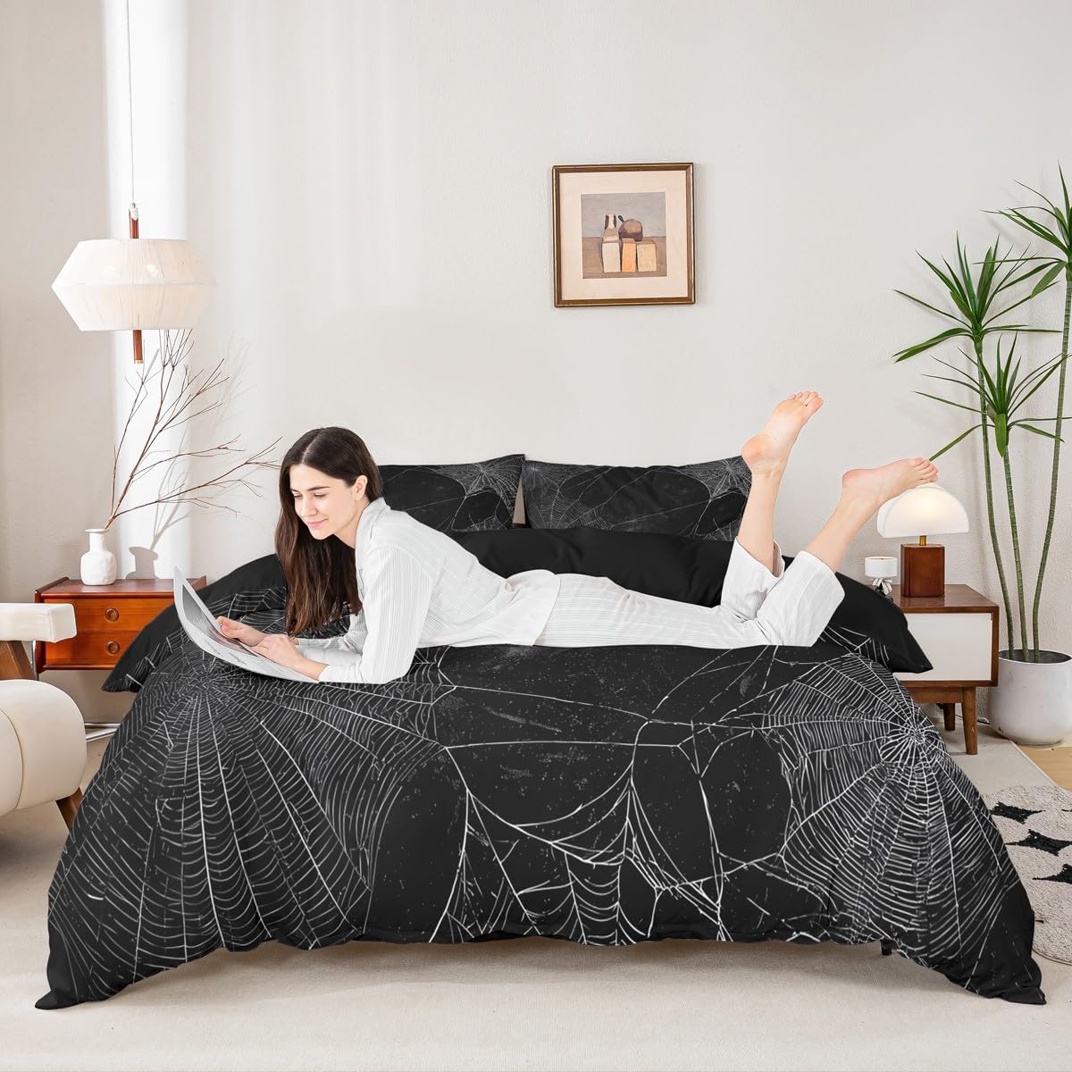 Spider Web Duvet Cover Set Queen Size,Trippy Gothic Style Black Comforter Cover Kids Boys Girls Vintage White Lines Print Bedding Set Teens Bedroom Decor 3Pcs,Halloween Quilt Cover,2 Pillowcases