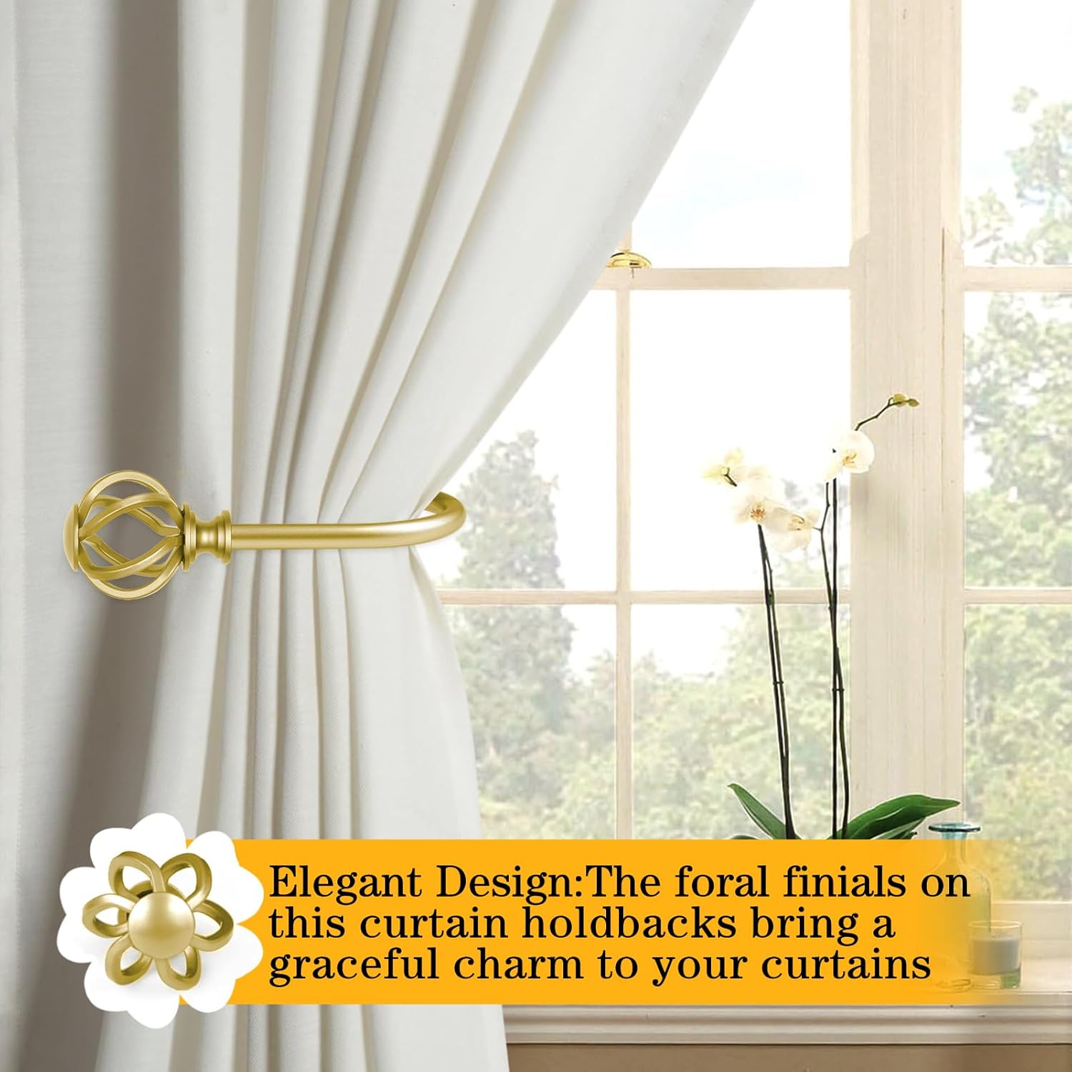 Gold Wrap Around Double Curtain Rods 32 to 115 and 2 Pack Gold Curtain Holdbacks with Twisted Cage Finials(Bundles)
